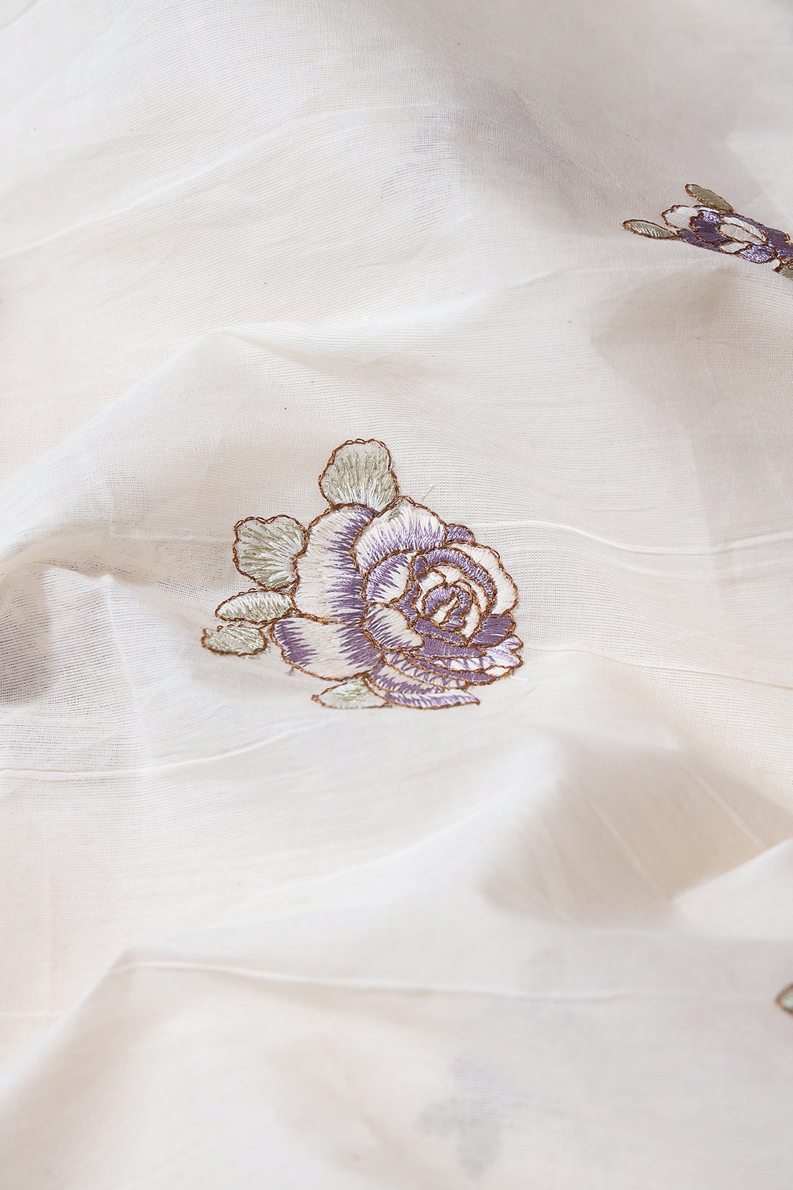 Purple And Olive Thread Floral Embroidery On Off White Organic Cotton Fabric - doeraa