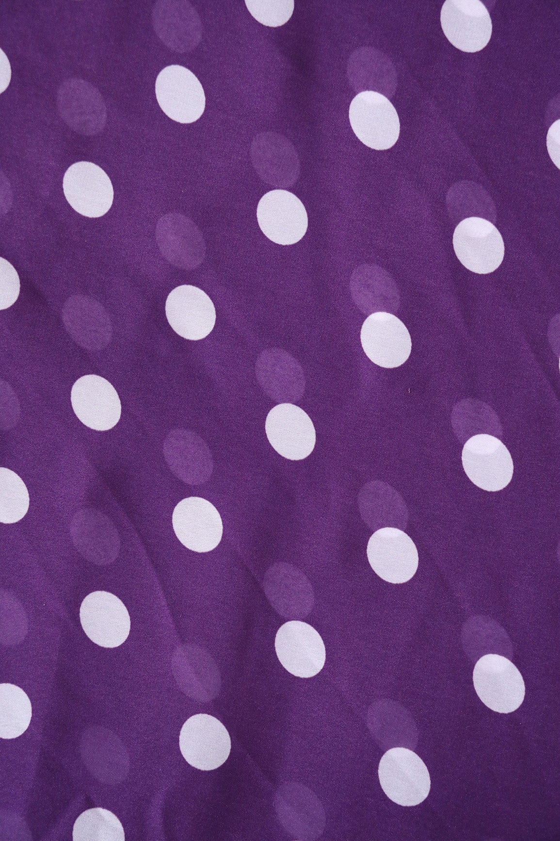 Purple And White Polka Dots Pattern Digital Print On Georgette Satin Fabric - doeraa