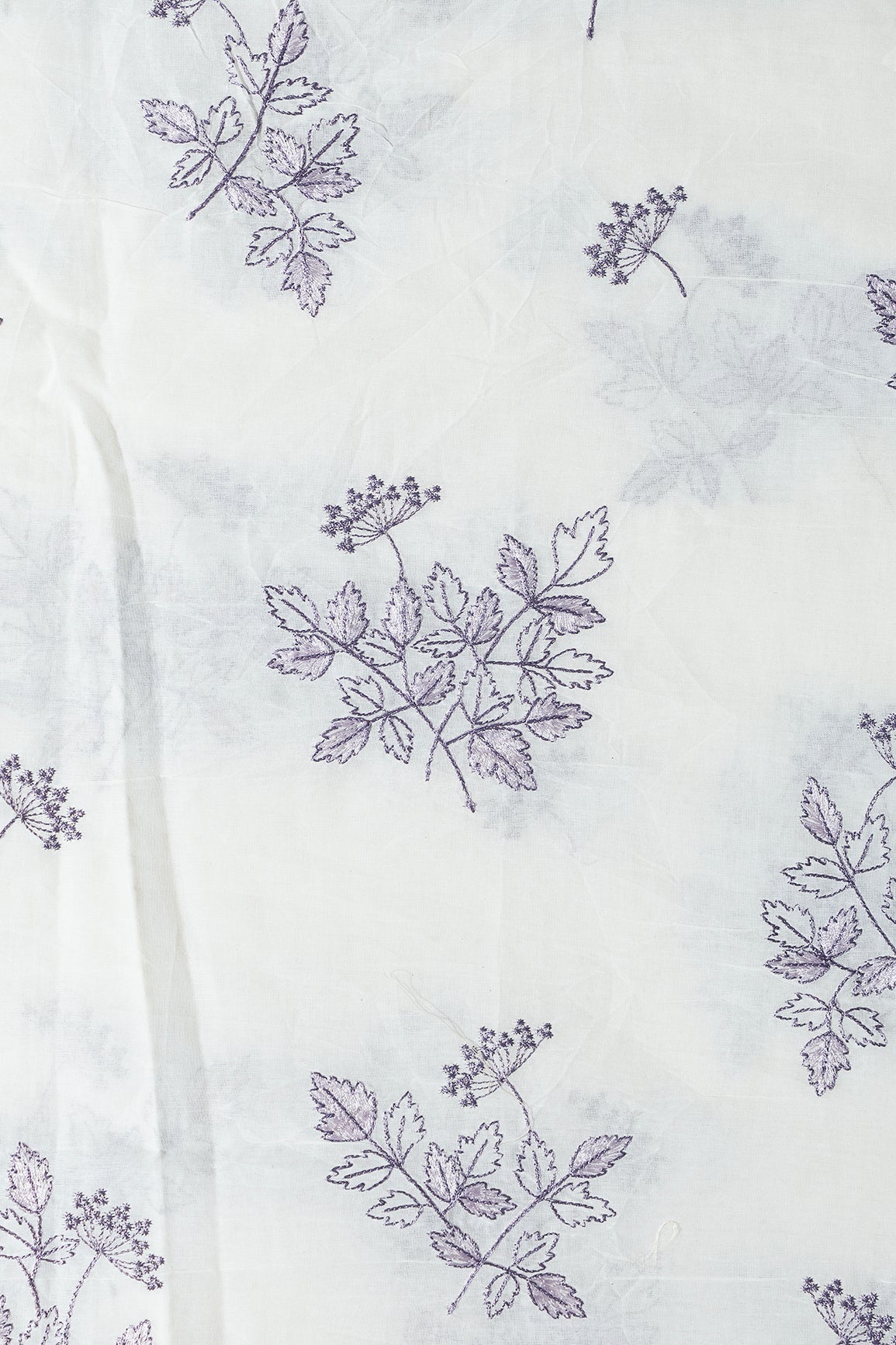 Purple Thread Beautiful Leafy Embroidery Work On Off White Organic Cotton Fabric - doeraa