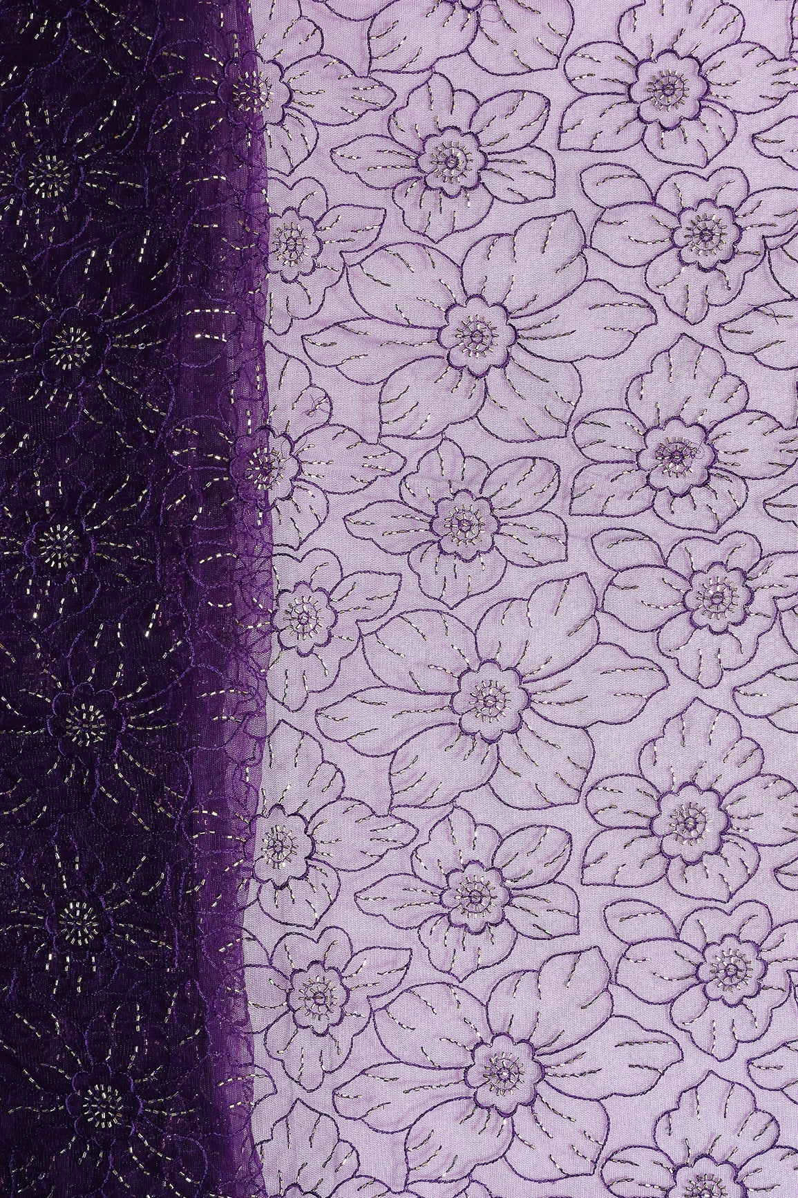 Purple Thread With Beads Floral Embroidery Work On Purple Soft Net Fabric - doeraa