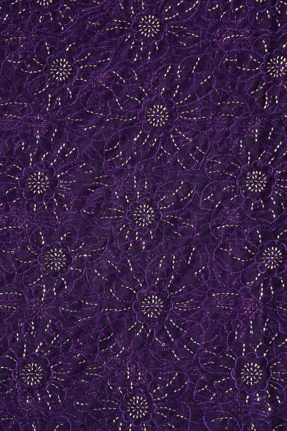 Purple Thread With Beads Floral Embroidery Work On Purple Soft Net Fabric - doeraa