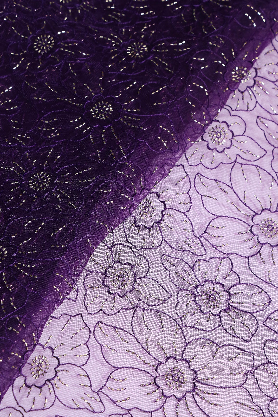 Purple Thread With Beads Floral Embroidery Work On Purple Soft Net Fabric - doeraa
