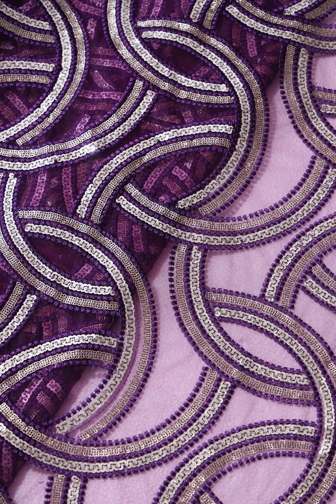 Purple Thread With Gold And Silver Sequins Geometric Embroidery On Wine Soft Net Fabric - doeraa