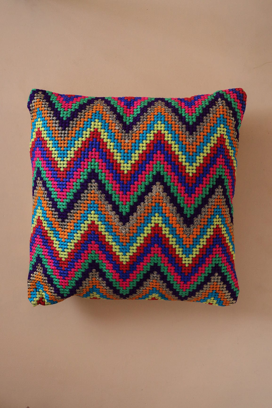 Rainbow colours Zig - Zag Embroidery on off white cotton Cushion Cover (16*16 inches) - doeraa
