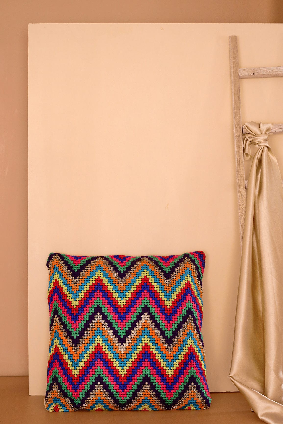 Rainbow colours Zig - Zag Embroidery on off white cotton Cushion Cover (16*16 inches) - doeraa