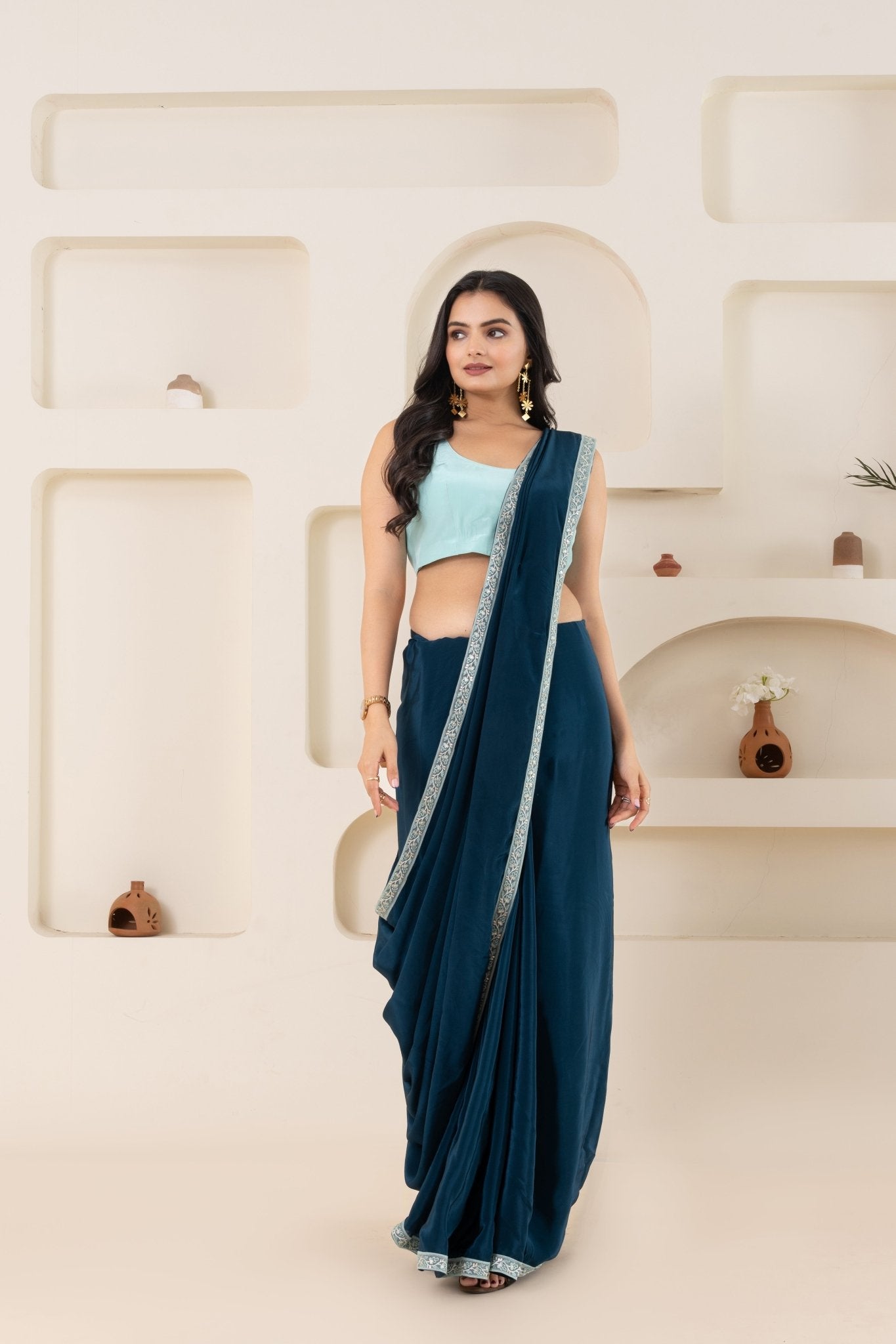 Rama Green And Light Sky Pure Viscose Crepe Saree Set With Border (Saree With Blouse Piece) - doeraa