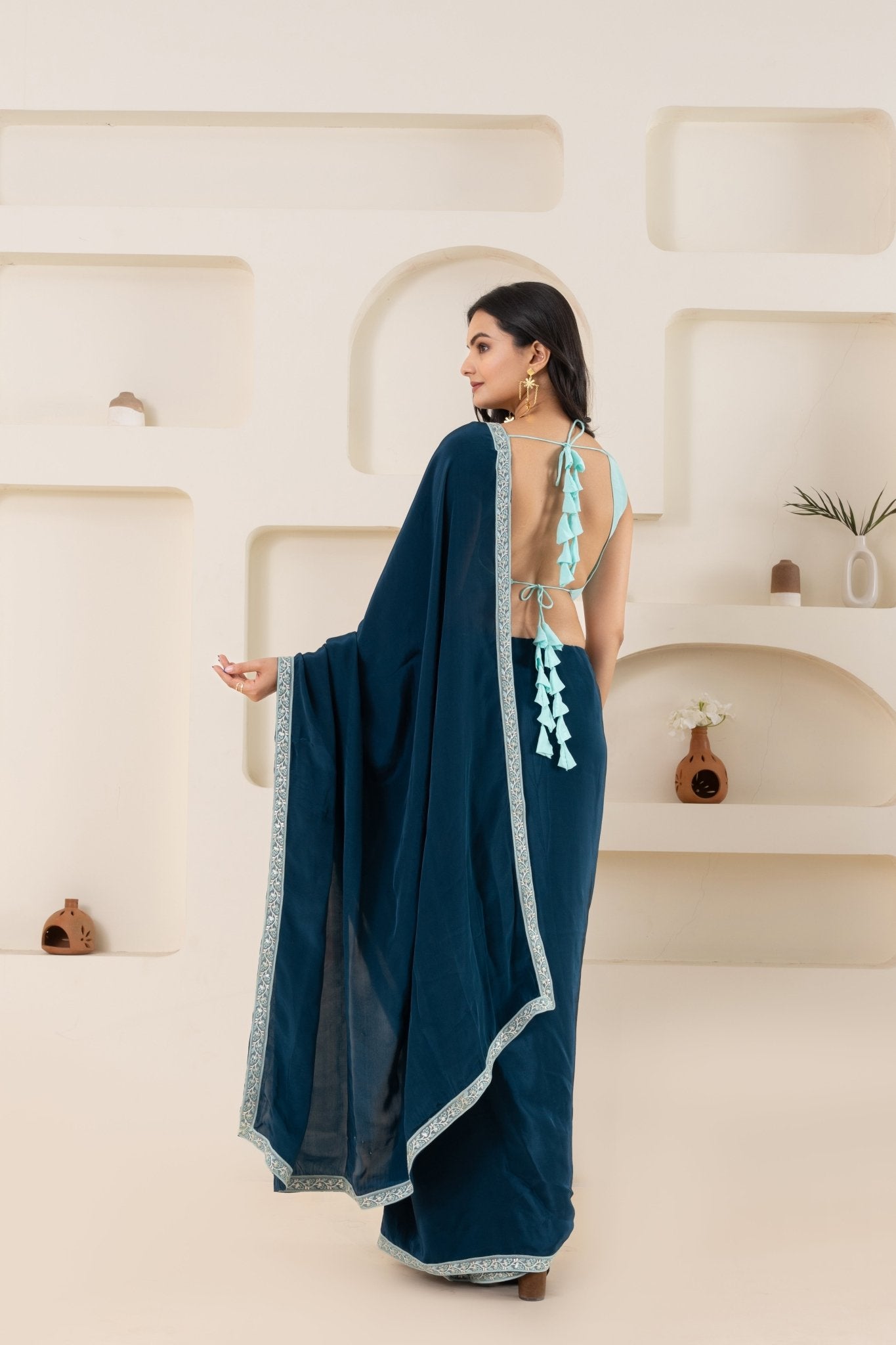 Rama Green And Light Sky Pure Viscose Crepe Saree Set With Border (Saree With Blouse Piece) - doeraa