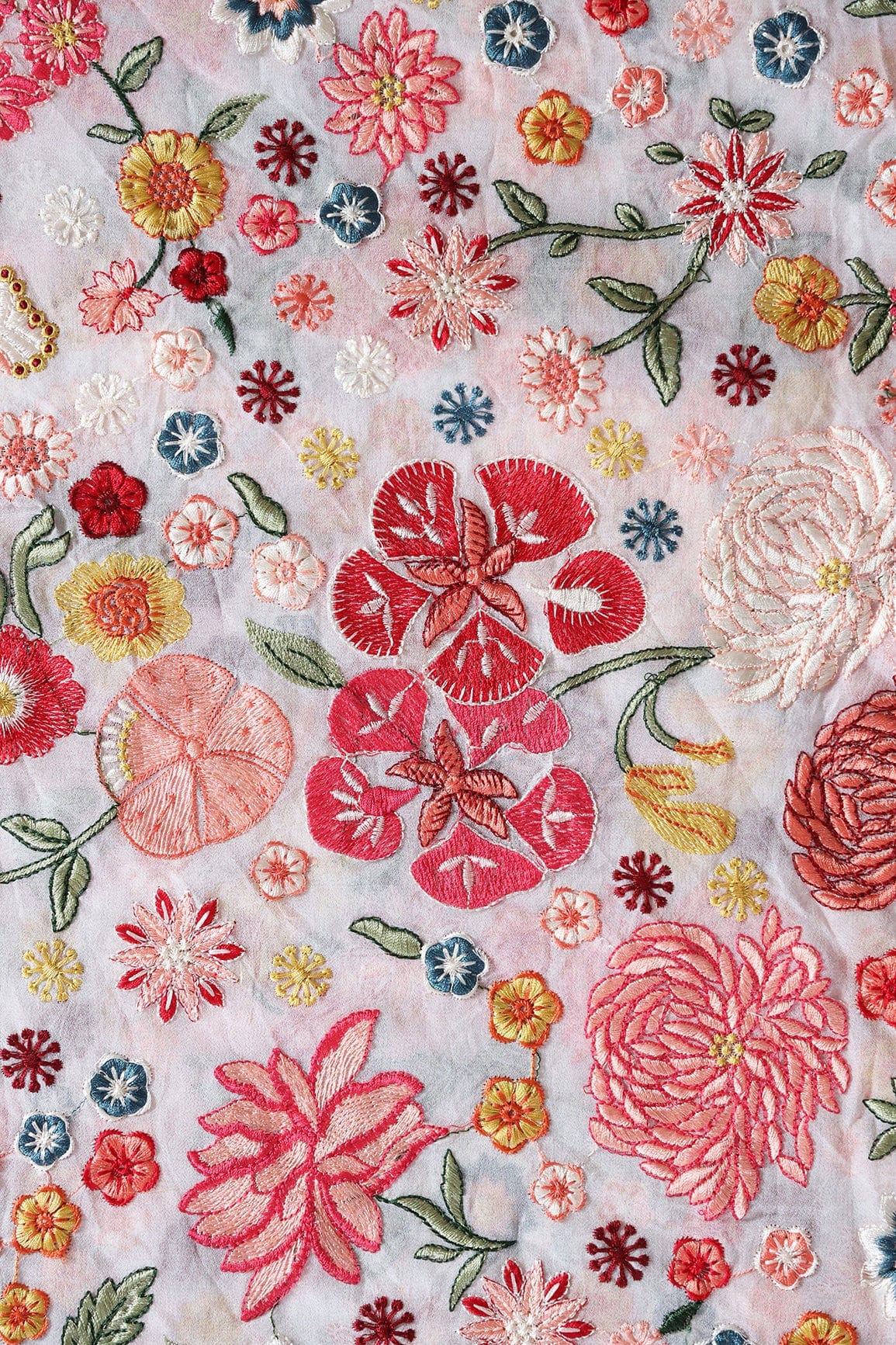 Ravishing Multi Color Floral Designer Embroidery On White Viscose Georgette Fabric - doeraa