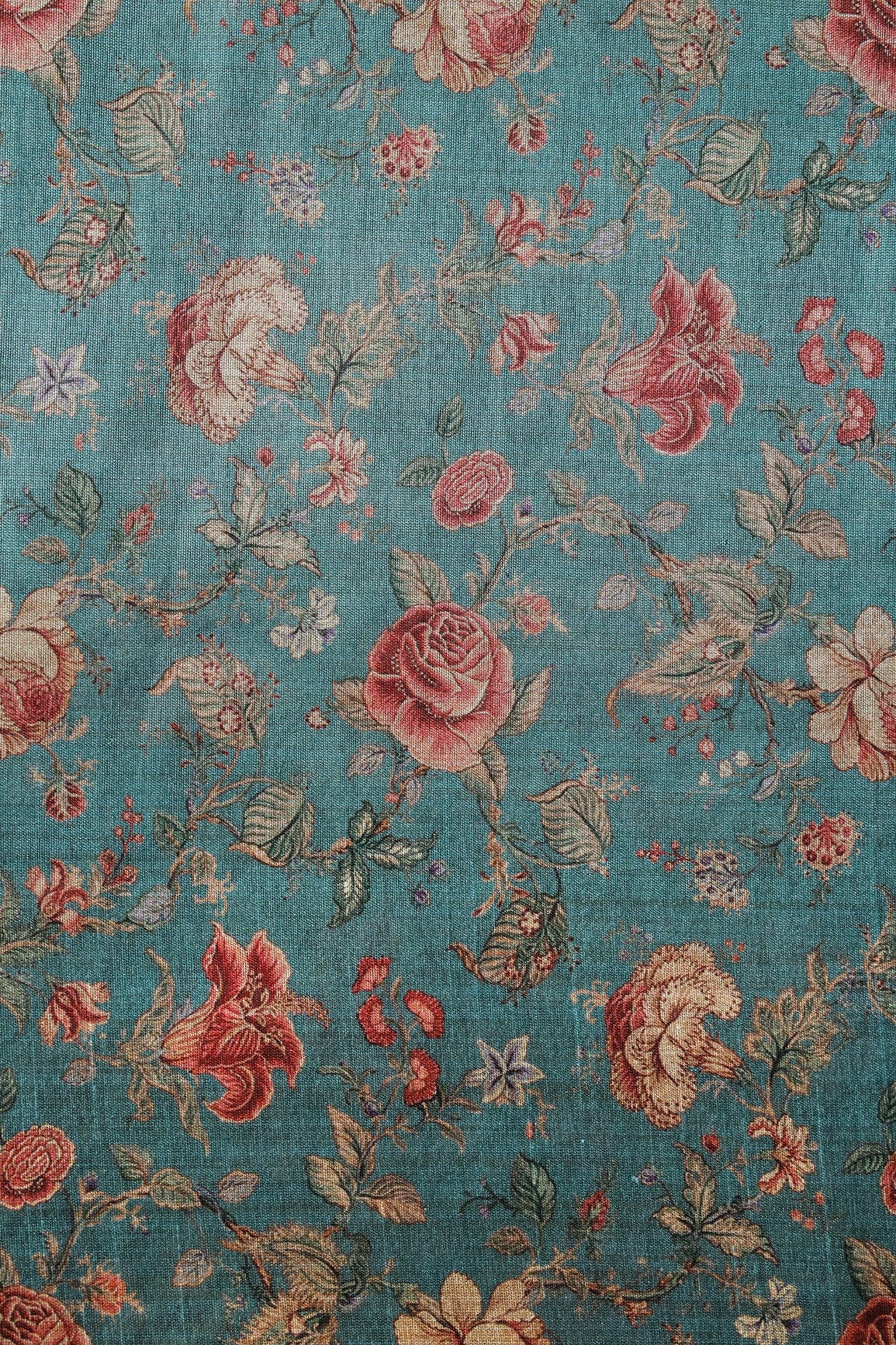 Red And Beige Attractive Floral Pattern Digital Print On Teal Blue Mulberry Silk Fabric - doeraa