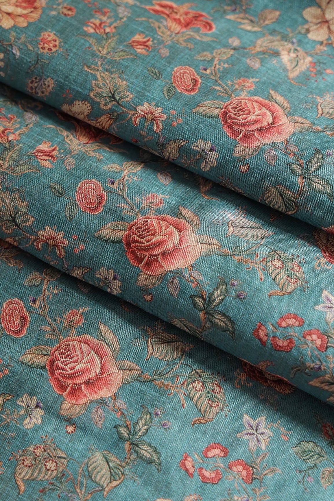 Red And Beige Attractive Floral Pattern Digital Print On Teal Blue Mulberry Silk Fabric - doeraa