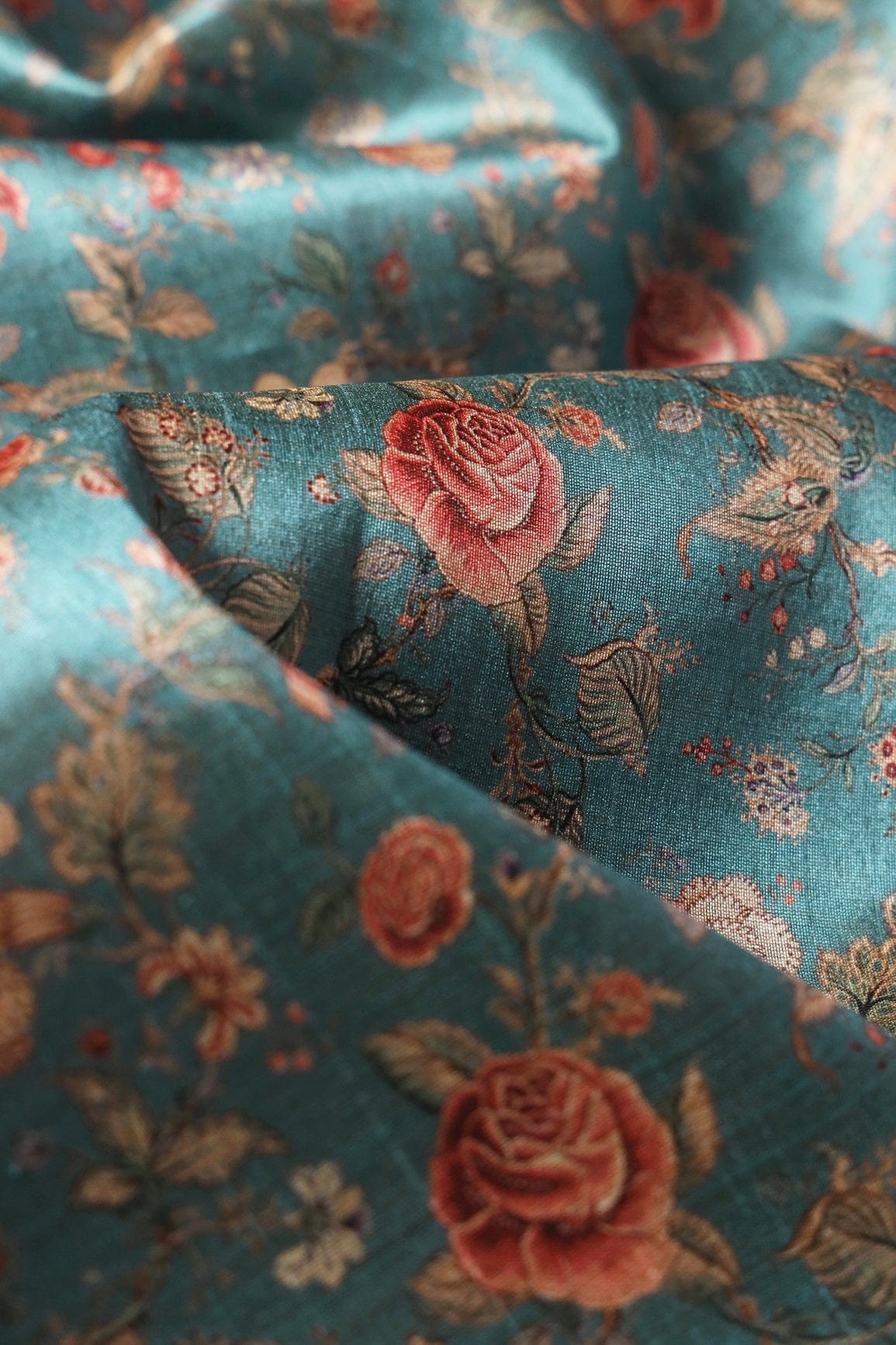 Red And Beige Attractive Floral Pattern Digital Print On Teal Blue Mulberry Silk Fabric - doeraa