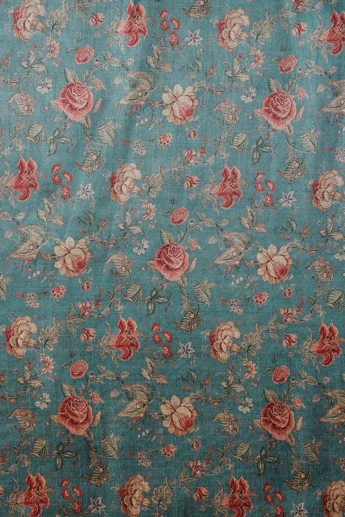 Red And Beige Attractive Floral Pattern Digital Print On Teal Blue Mulberry Silk Fabric - doeraa