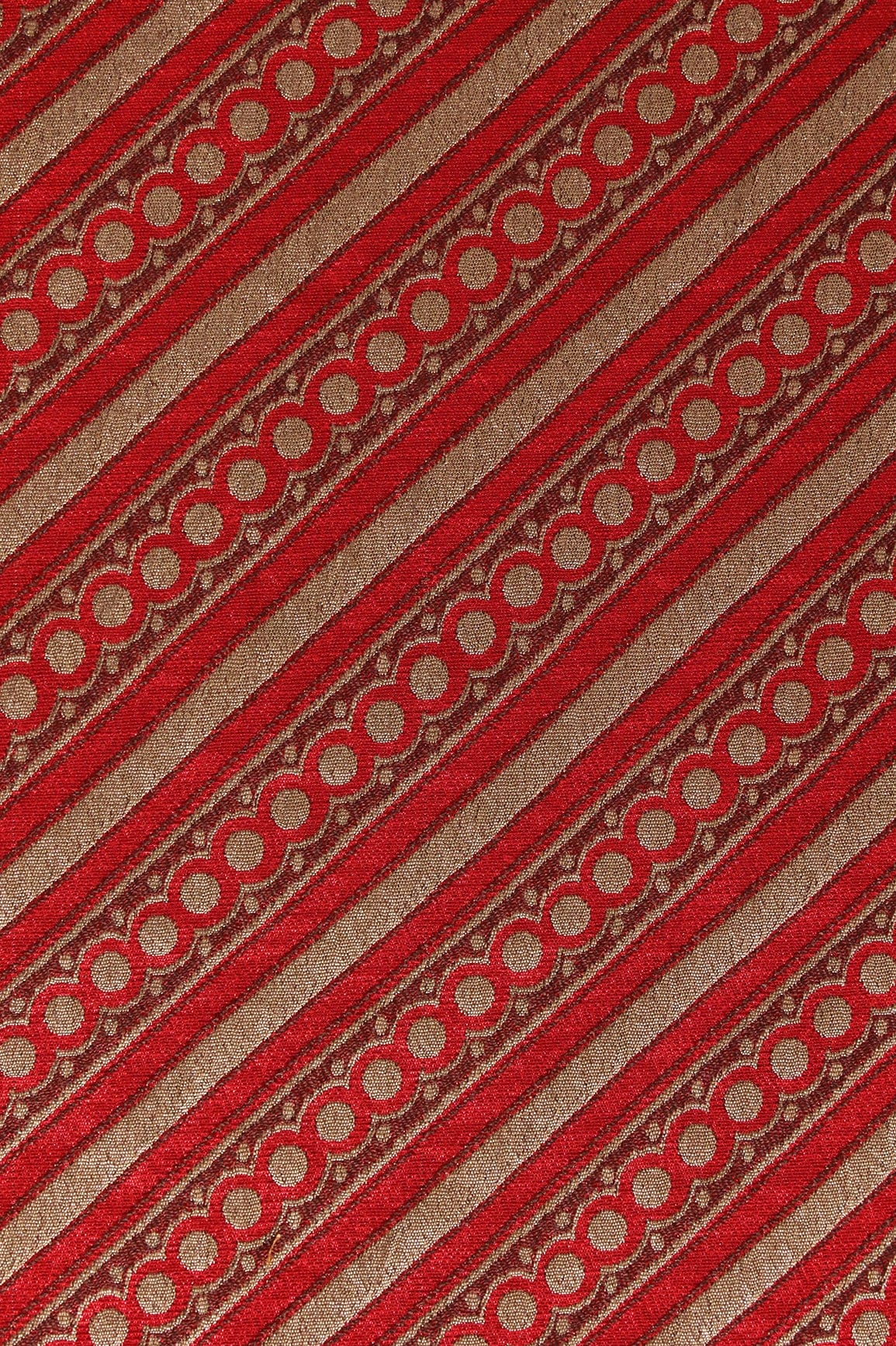 Red And Beige Stripes Silk Satin Jute Banarasi Jacquard Fabric - doeraa