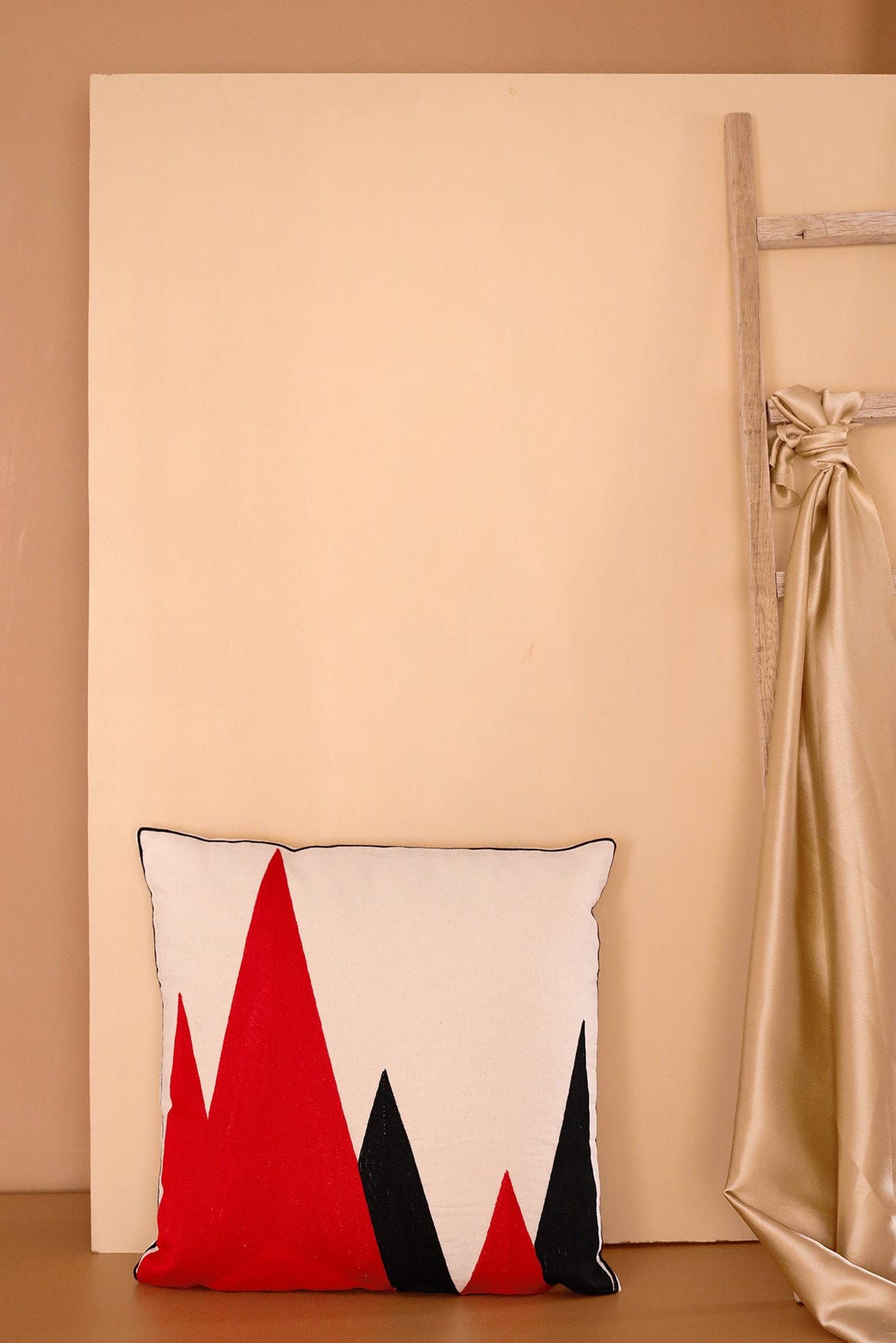 Red and Black Embroidery on off white cotton Cushion Cover (16*16 inches) - doeraa