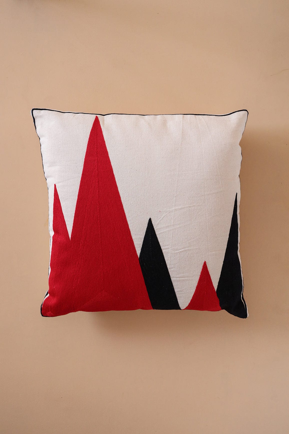 Red and Black Embroidery on off white cotton Cushion Cover (16*16 inches) - doeraa