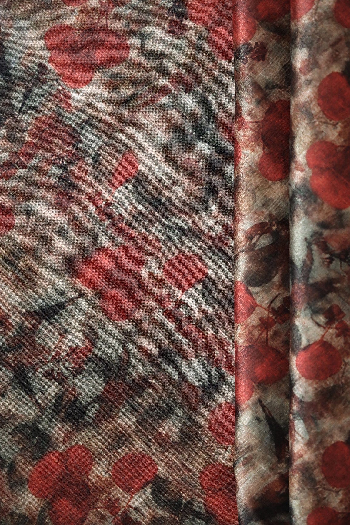 Red And Black Floral Pattern Digital Print On Mulberry Silk Fabric - doeraa