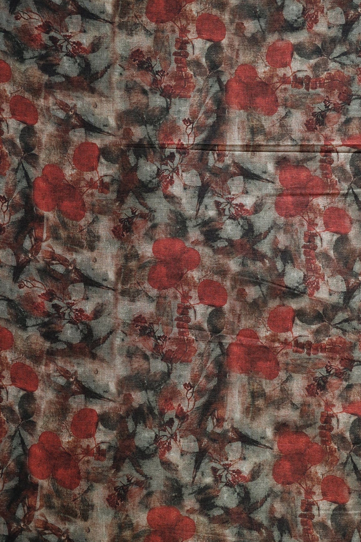 Red And Black Floral Pattern Digital Print On Mulberry Silk Fabric - doeraa