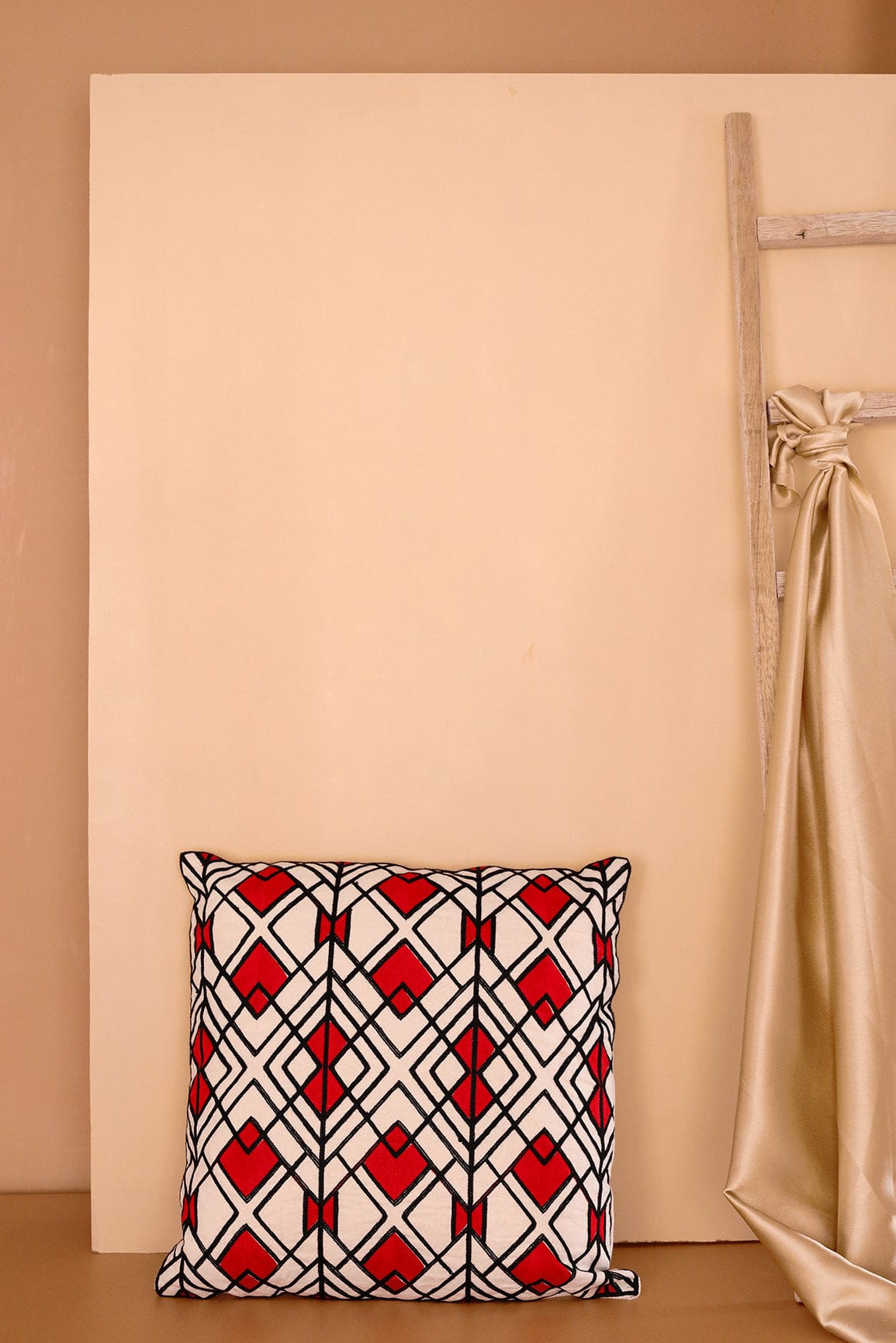Red and Black Pattern Embroidery on off white cotton Cushion Cover (16*16 inches) - doeraa