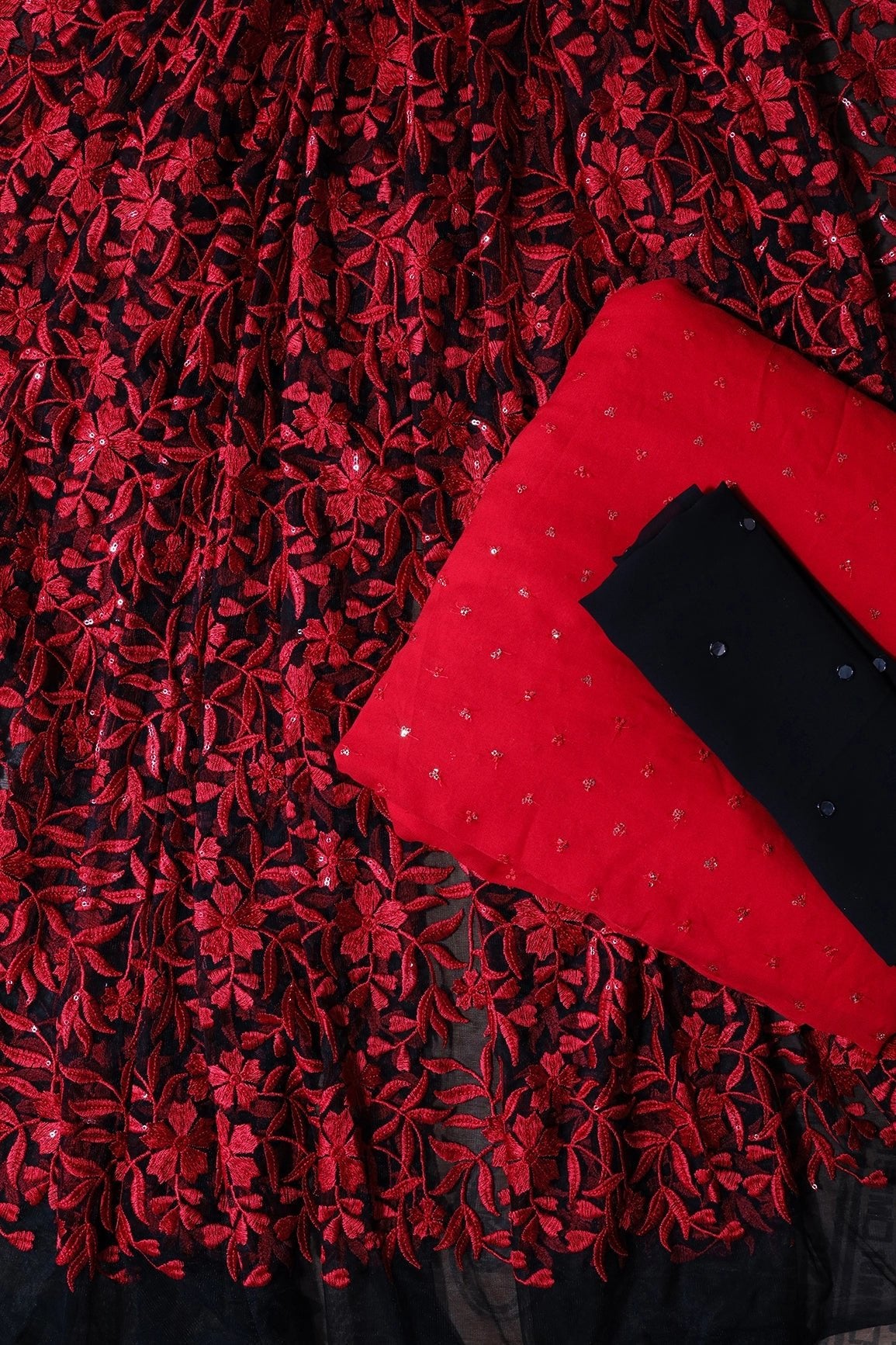 Red And Black Unstitched Lehenga Set Fabric (3 Piece) - doeraa