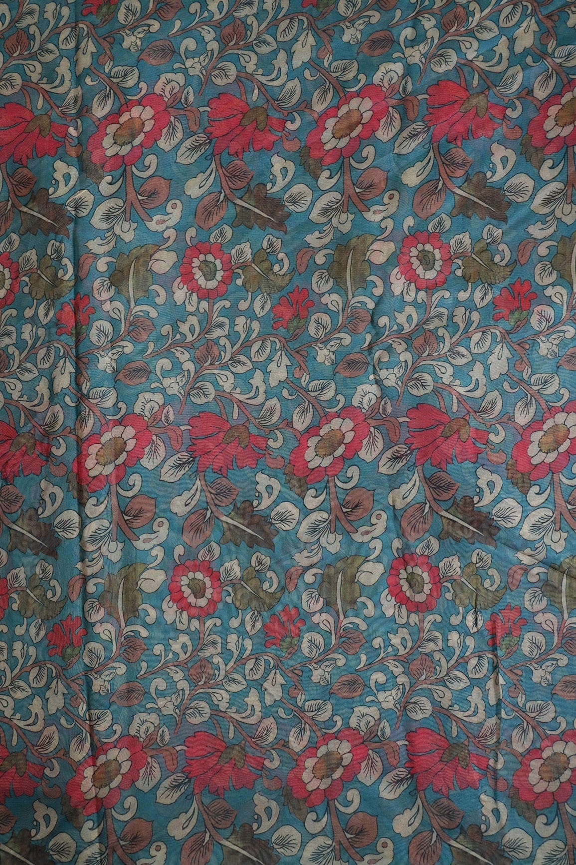 Red And Cream Floral Digital Print On Rama Organza Fabric - doeraa