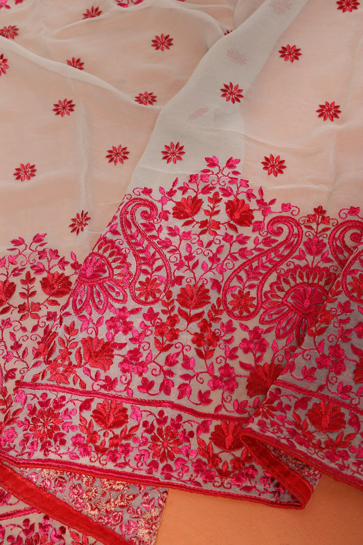 Red And Fuchsia Floral Heavy Embroidery Work On Light Grey Georgette Dupatta With Border - doeraa