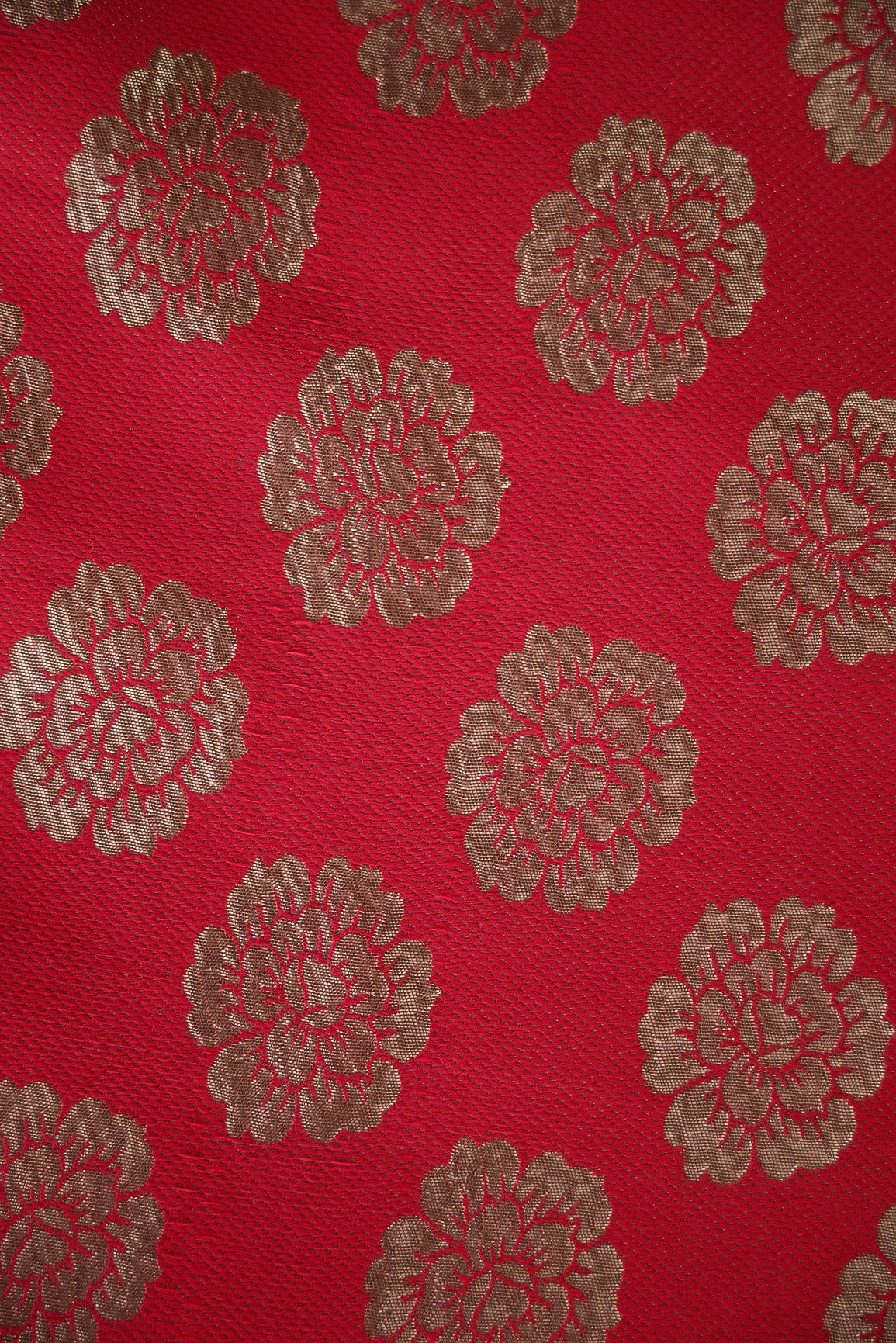 Red and Gold Floral Motif Banarasi Brocade Fabric - doeraa