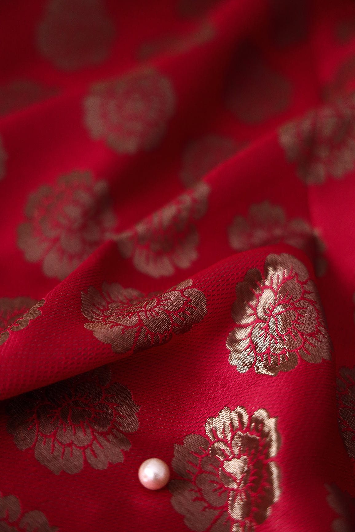 Red and Gold Floral Motif Banarasi Brocade Fabric - doeraa