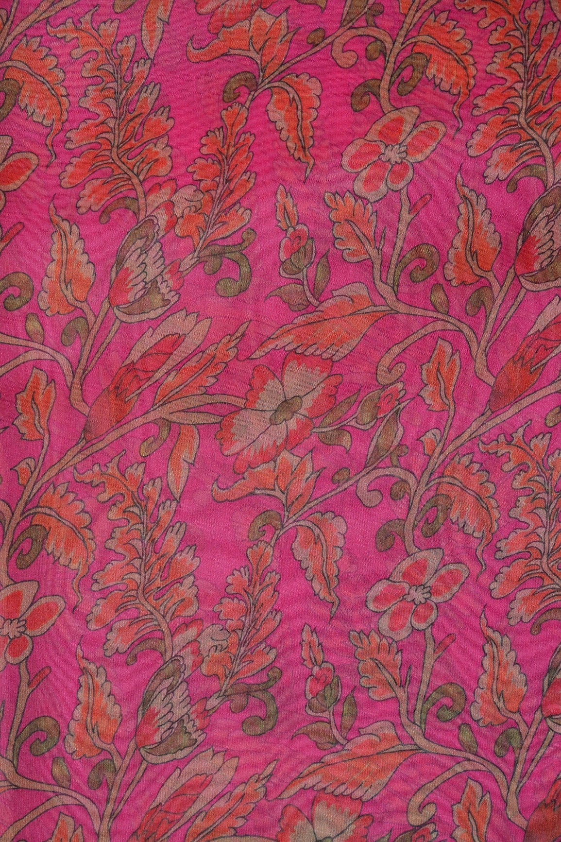 Red And Green Floral Digital Print On Dark Pink Organza Fabric - doeraa