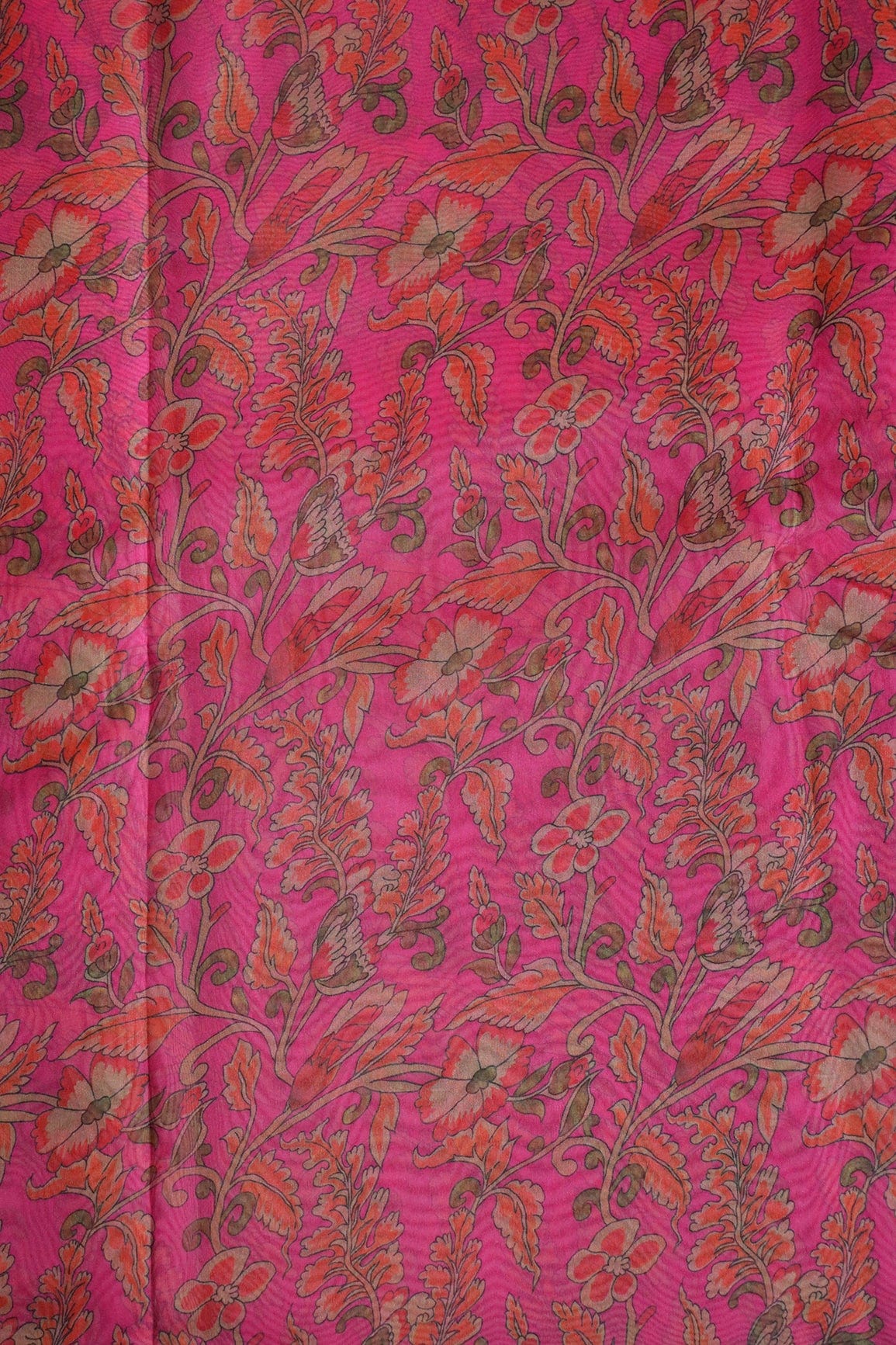 Red And Green Floral Digital Print On Dark Pink Organza Fabric - doeraa