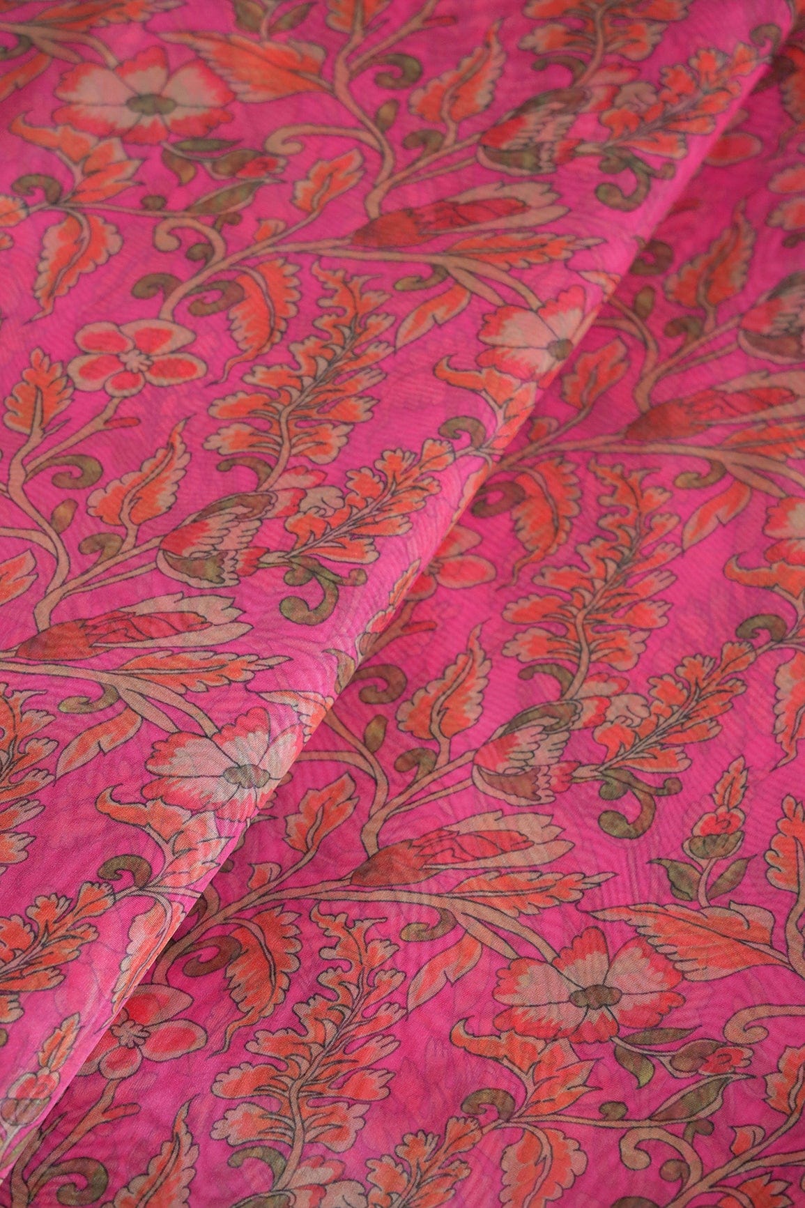 Red And Green Floral Digital Print On Dark Pink Organza Fabric - doeraa