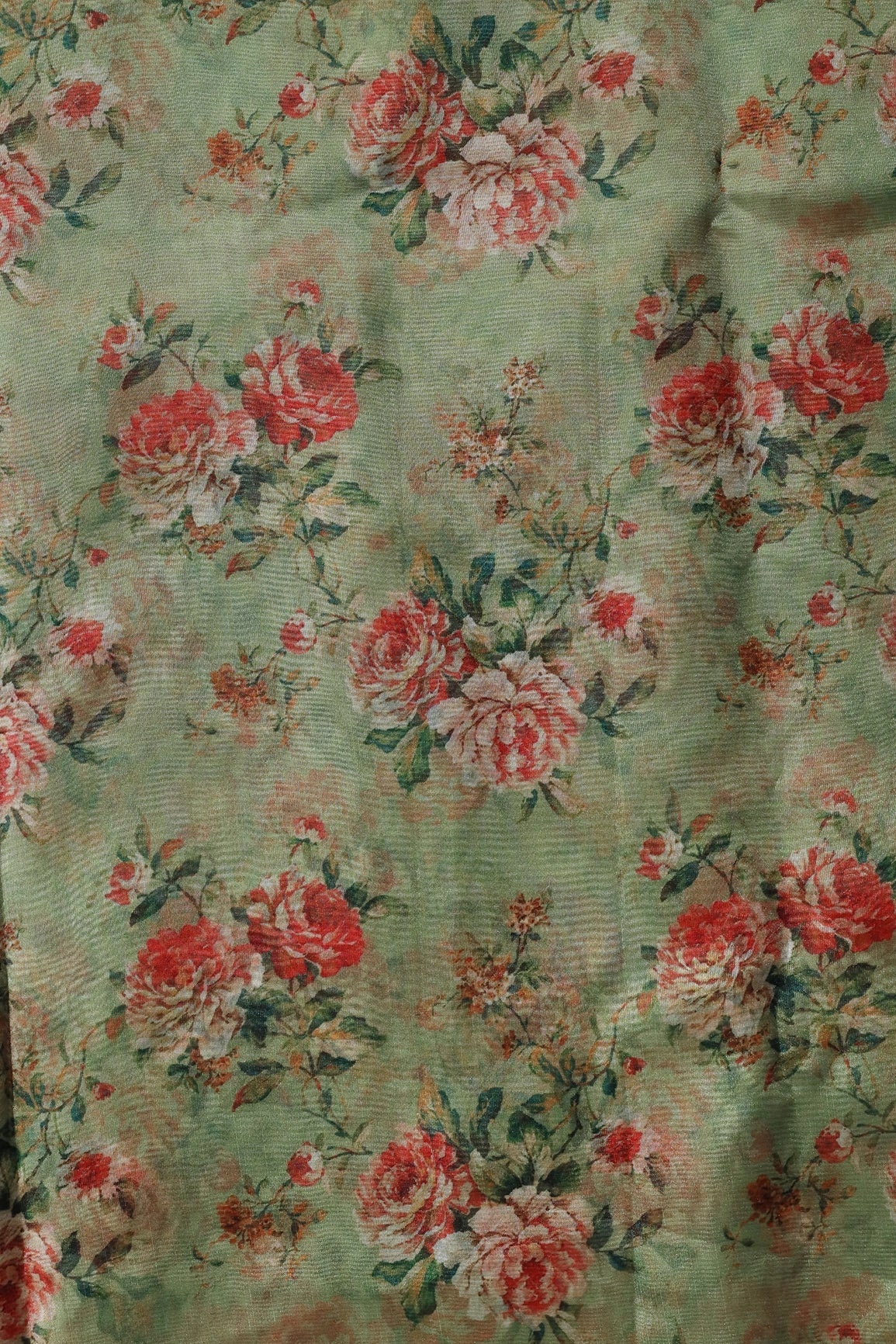 Red And Green Floral Pattern Digital Print On Olive Organza Fabric - doeraa