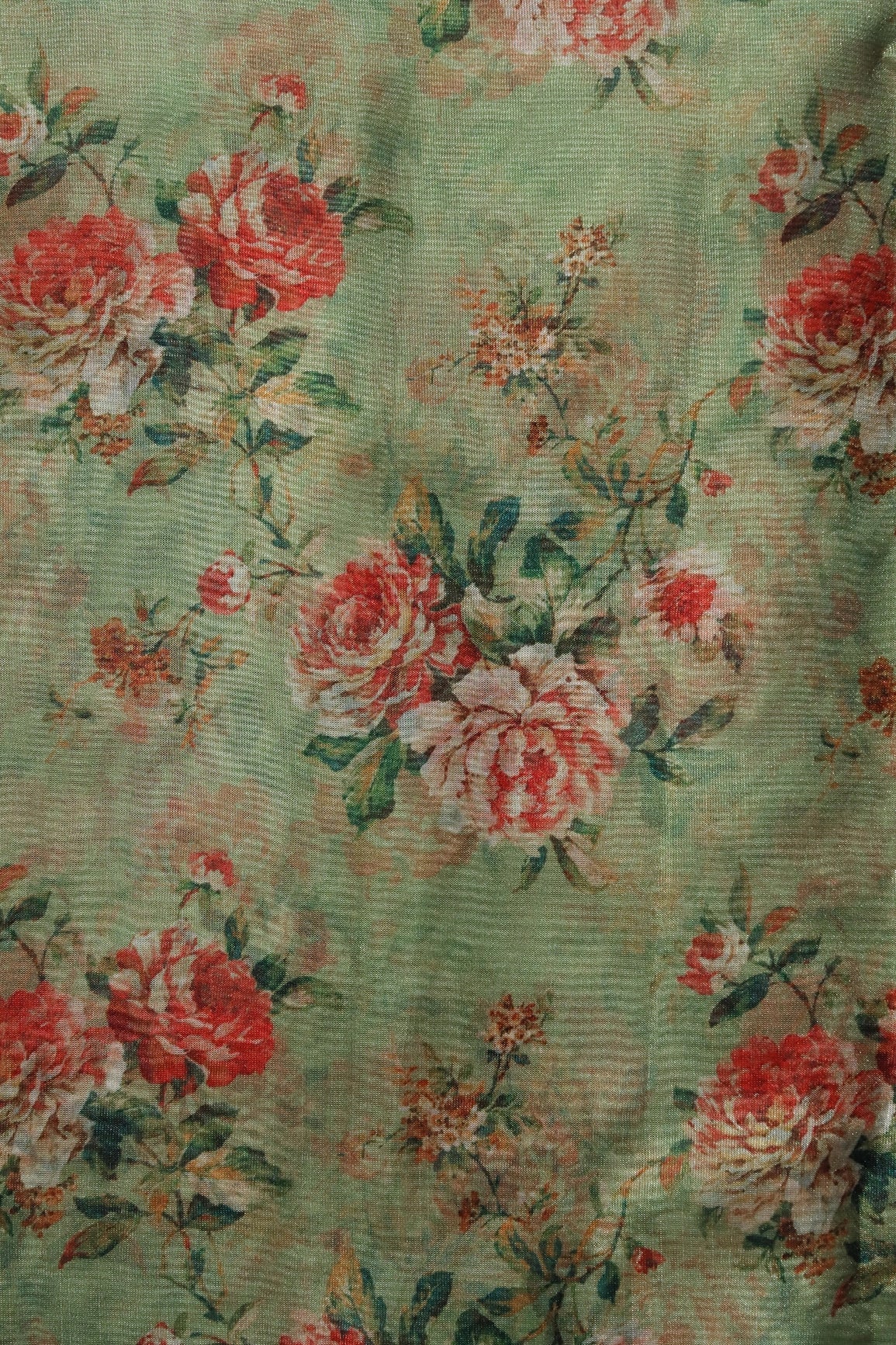 Red And Green Floral Pattern Digital Print On Olive Organza Fabric - doeraa