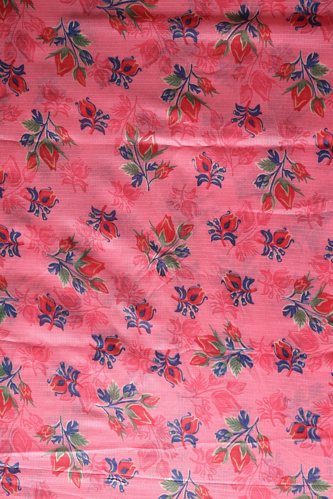 Red And Green Floral Pattern Foil Print On Gajri Pink Kota Doria Fabric - doeraa