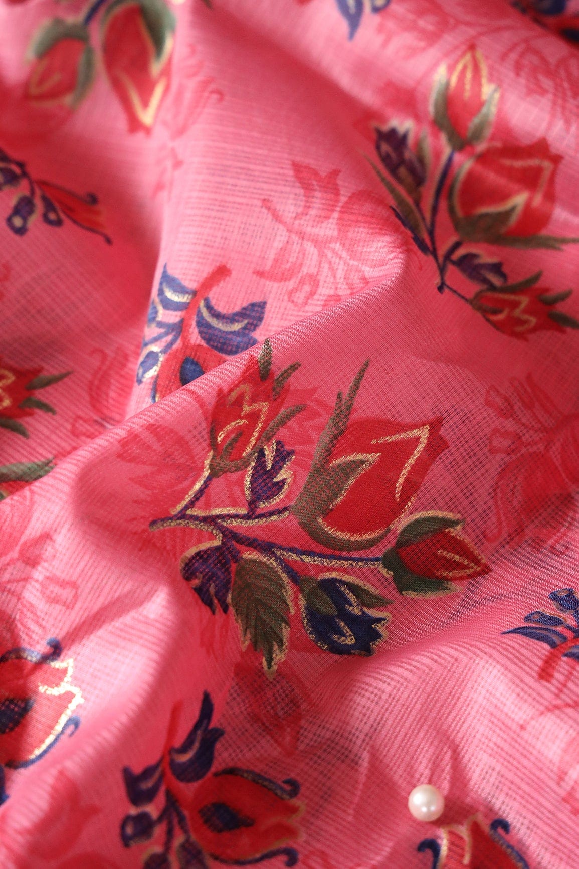 Red And Green Floral Pattern Foil Print On Gajri Pink Kota Doria Fabric - doeraa