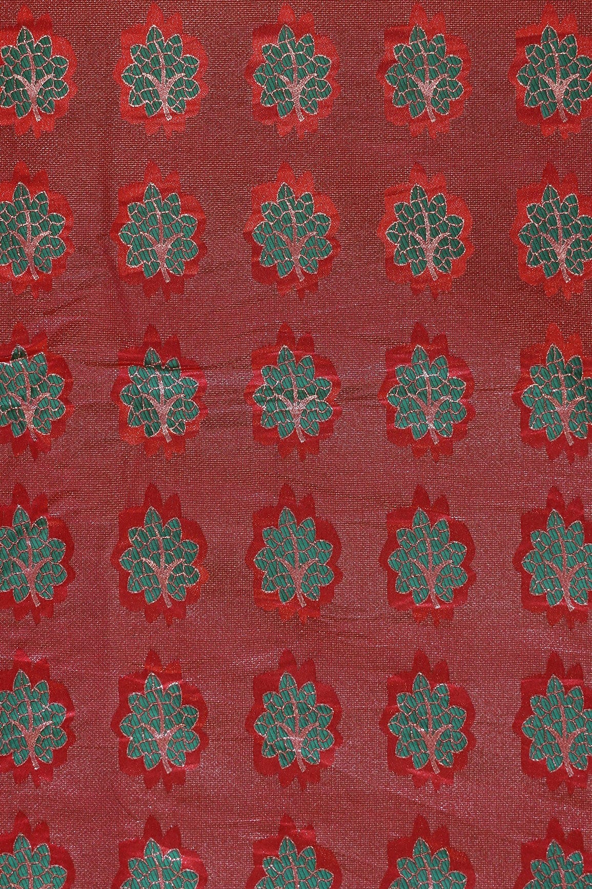 Red And Green Leafy Jute Banarasi Zari Jacquard Fabric - doeraa