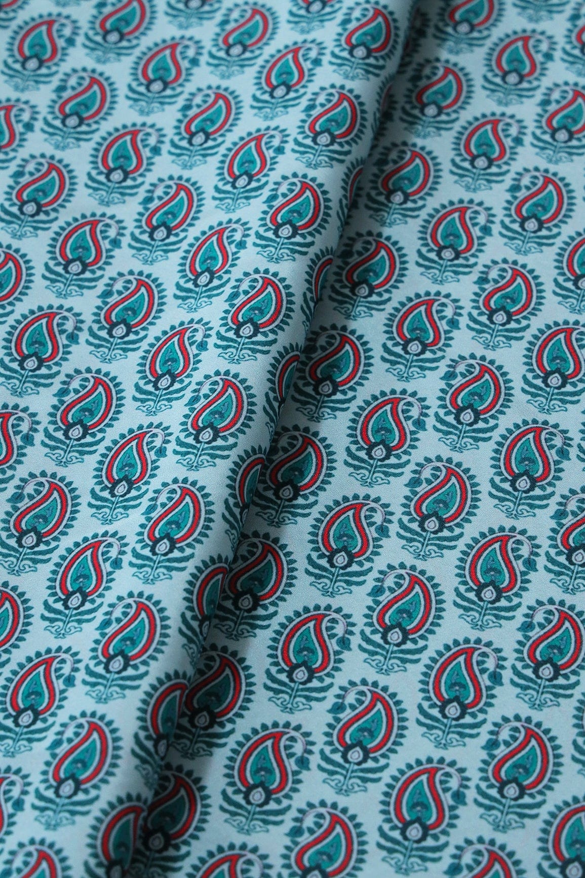 Red And Green Paisley Pattern Digital Print On Light Blue French Crepe Fabric - doeraa