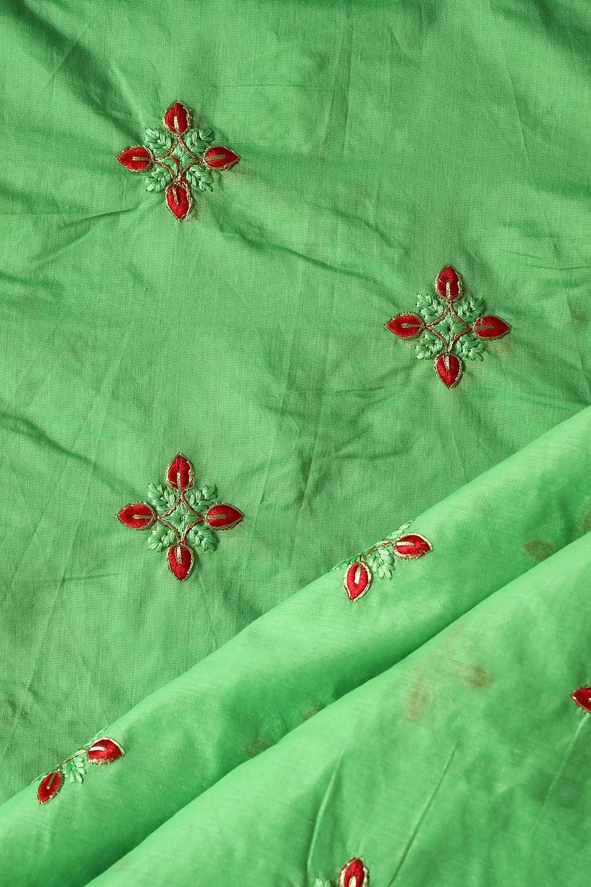 Red And Green Thread With Gold Zari Embroidery Work On Green Chanderi Fabric - doeraa