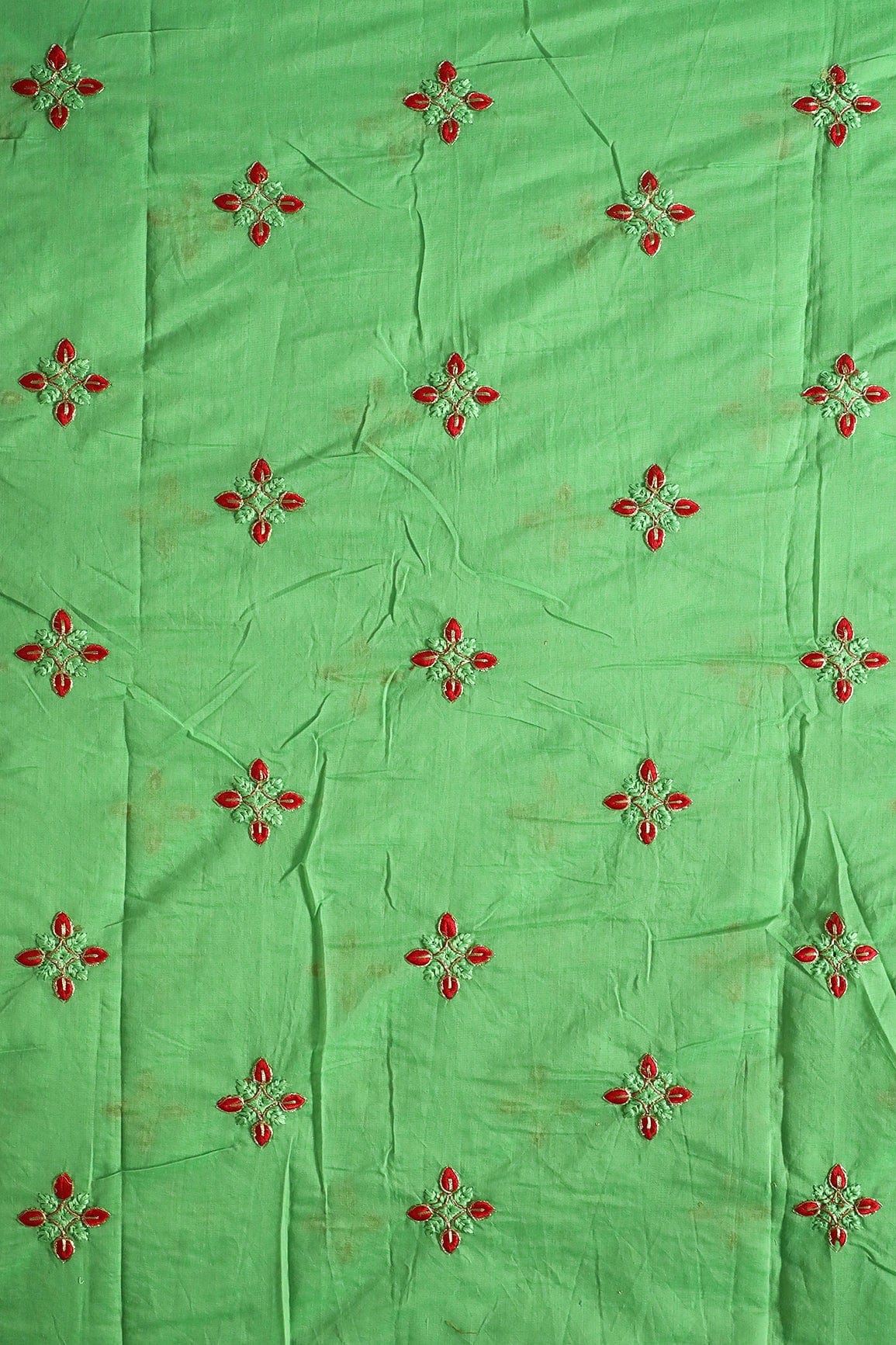 Red And Green Thread With Gold Zari Embroidery Work On Green Chanderi Fabric - doeraa