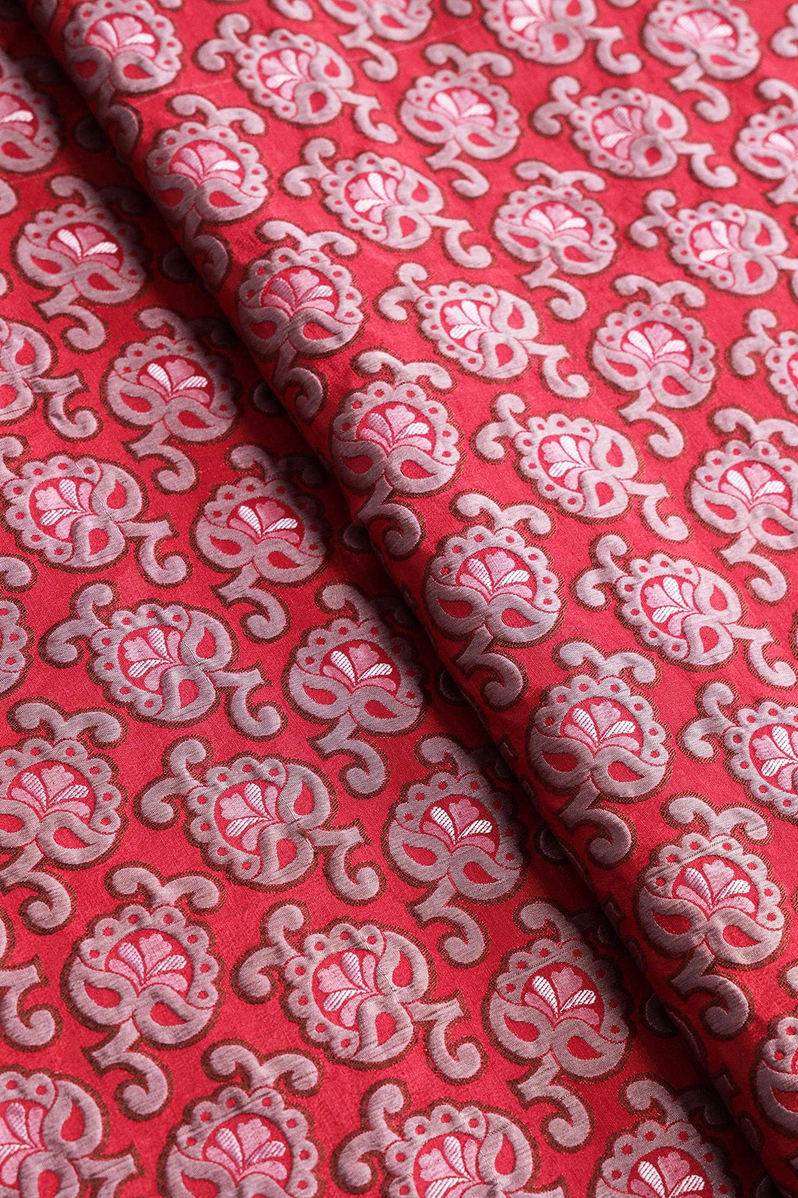 Red And Grey Floral Silk Satin Jute Banarasi Jacquard Fabric - doeraa