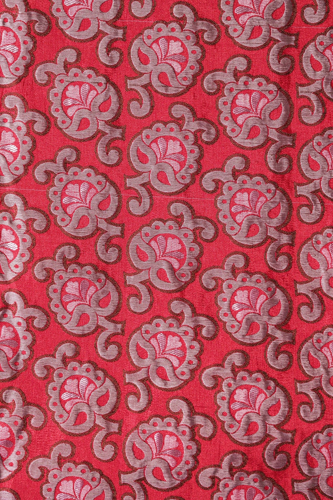 Red And Grey Floral Silk Satin Jute Banarasi Jacquard Fabric - doeraa