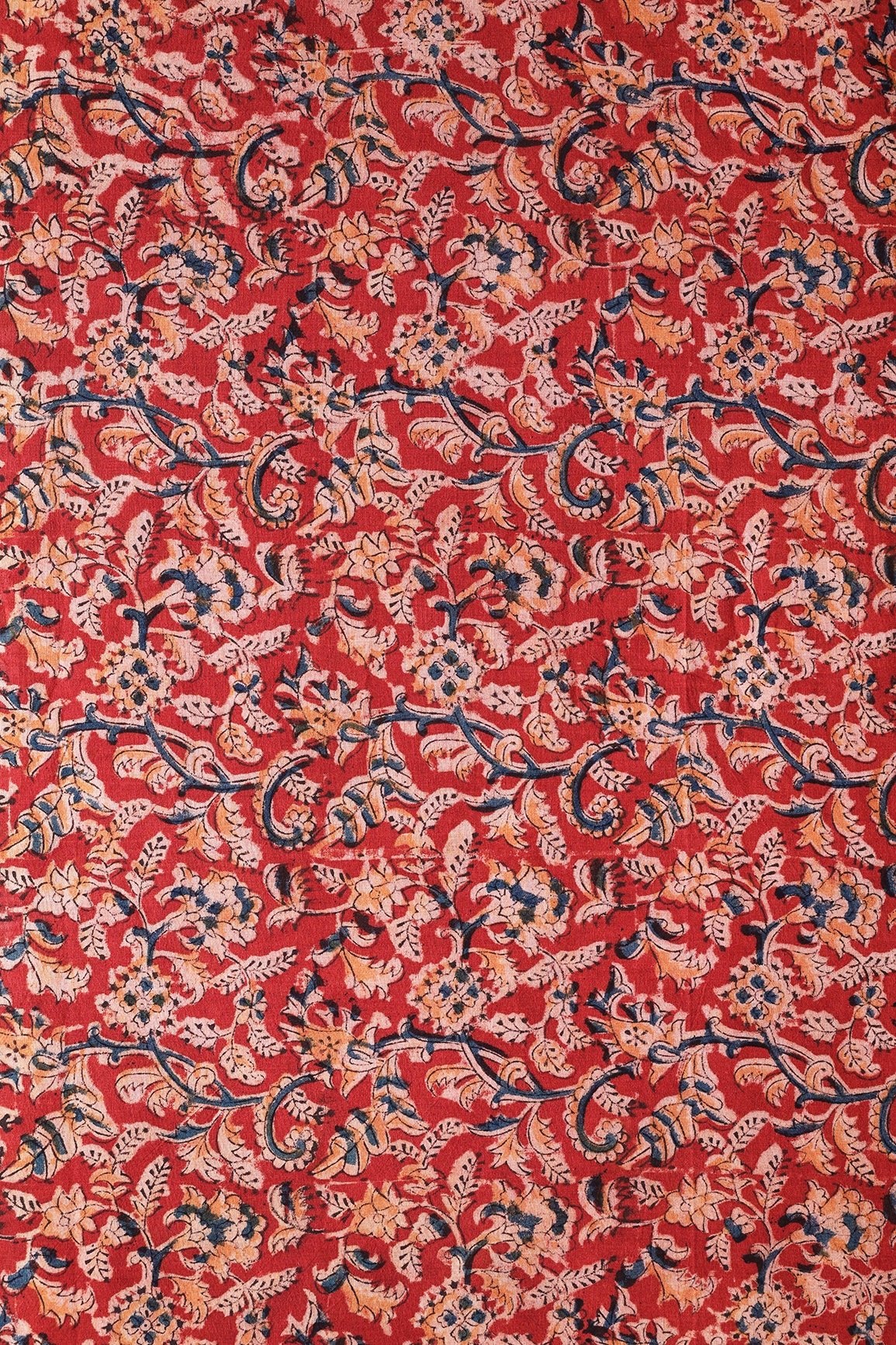 Red And Light Beige Paisley Pattern Handblock Kalamkari Organic Cotton Fabric - doeraa