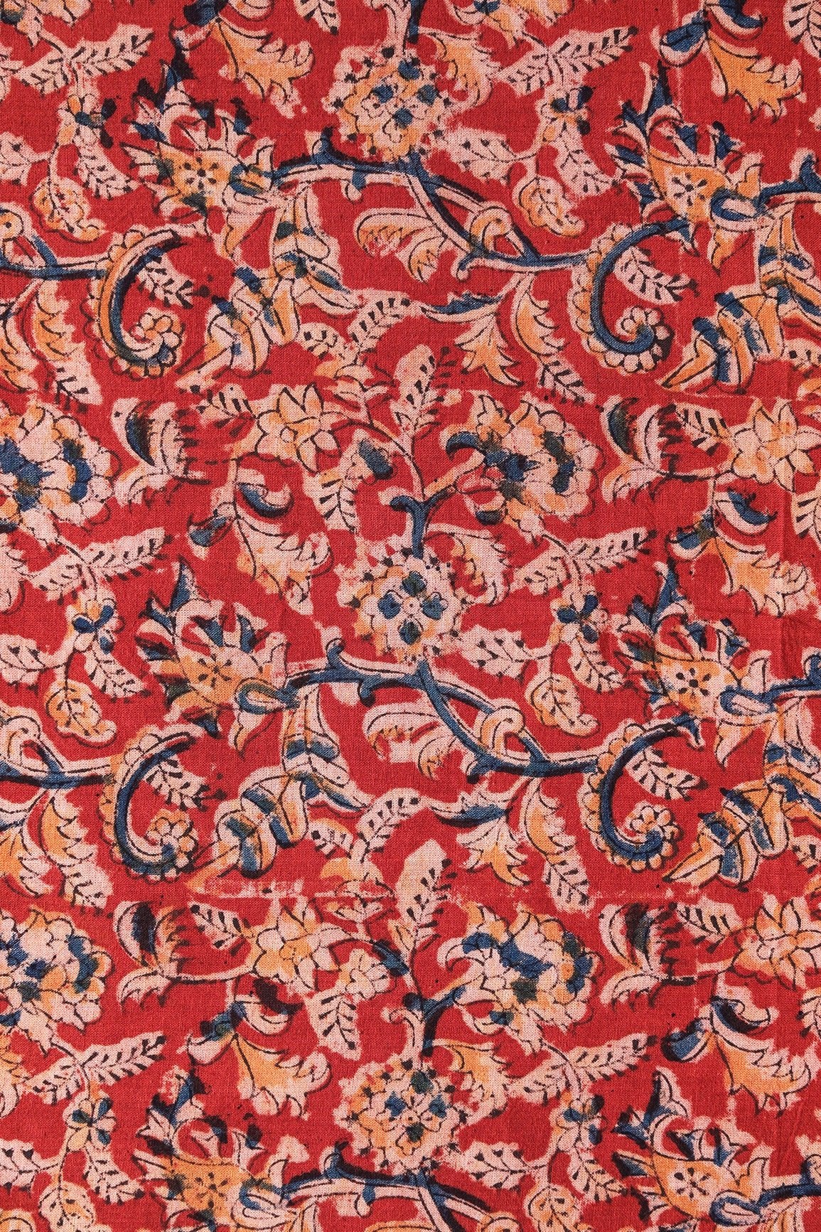 Red And Light Beige Paisley Pattern Handblock Kalamkari Organic Cotton Fabric - doeraa