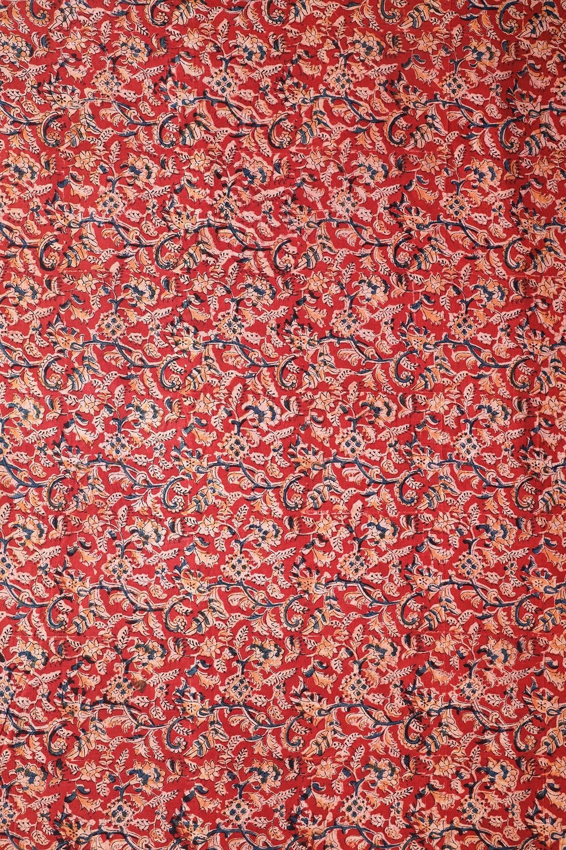 Red And Light Beige Paisley Pattern Handblock Kalamkari Organic Cotton Fabric - doeraa