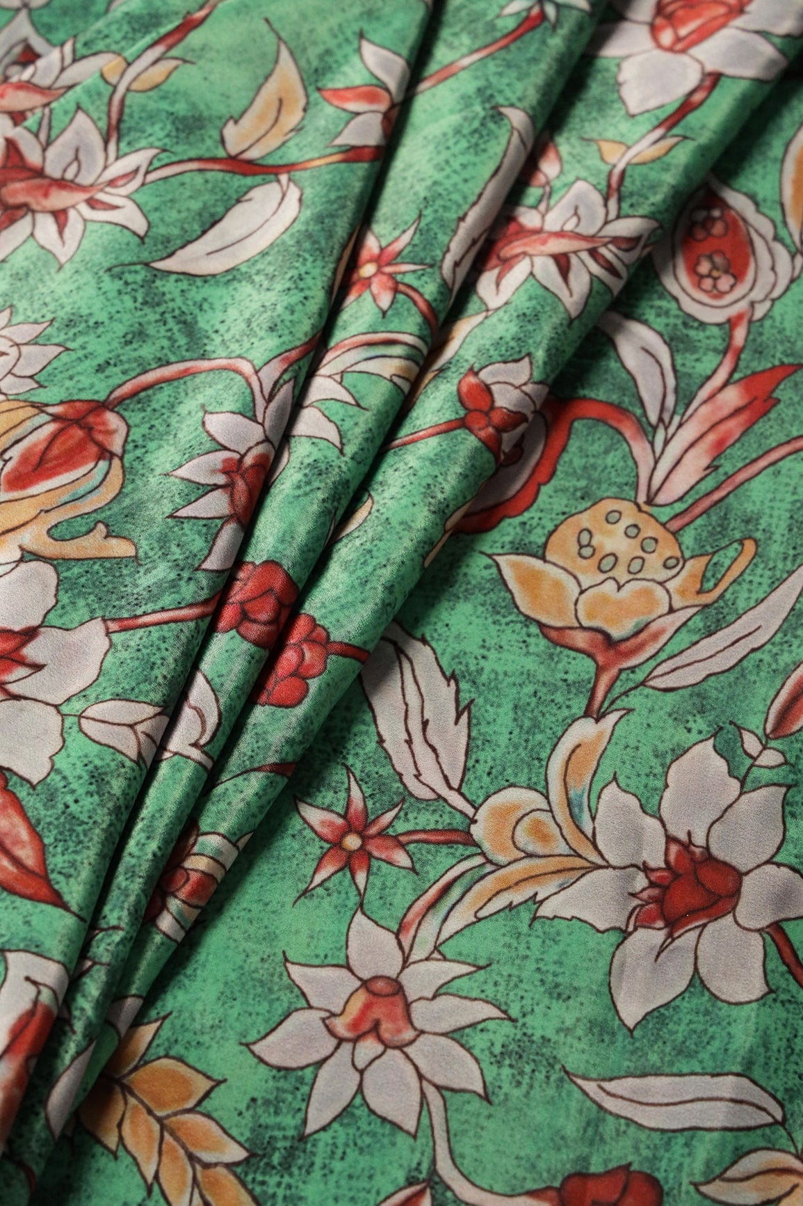 Red And Light Grey Floral Pattern Digital Print On Light Green Crepe Fabric - doeraa