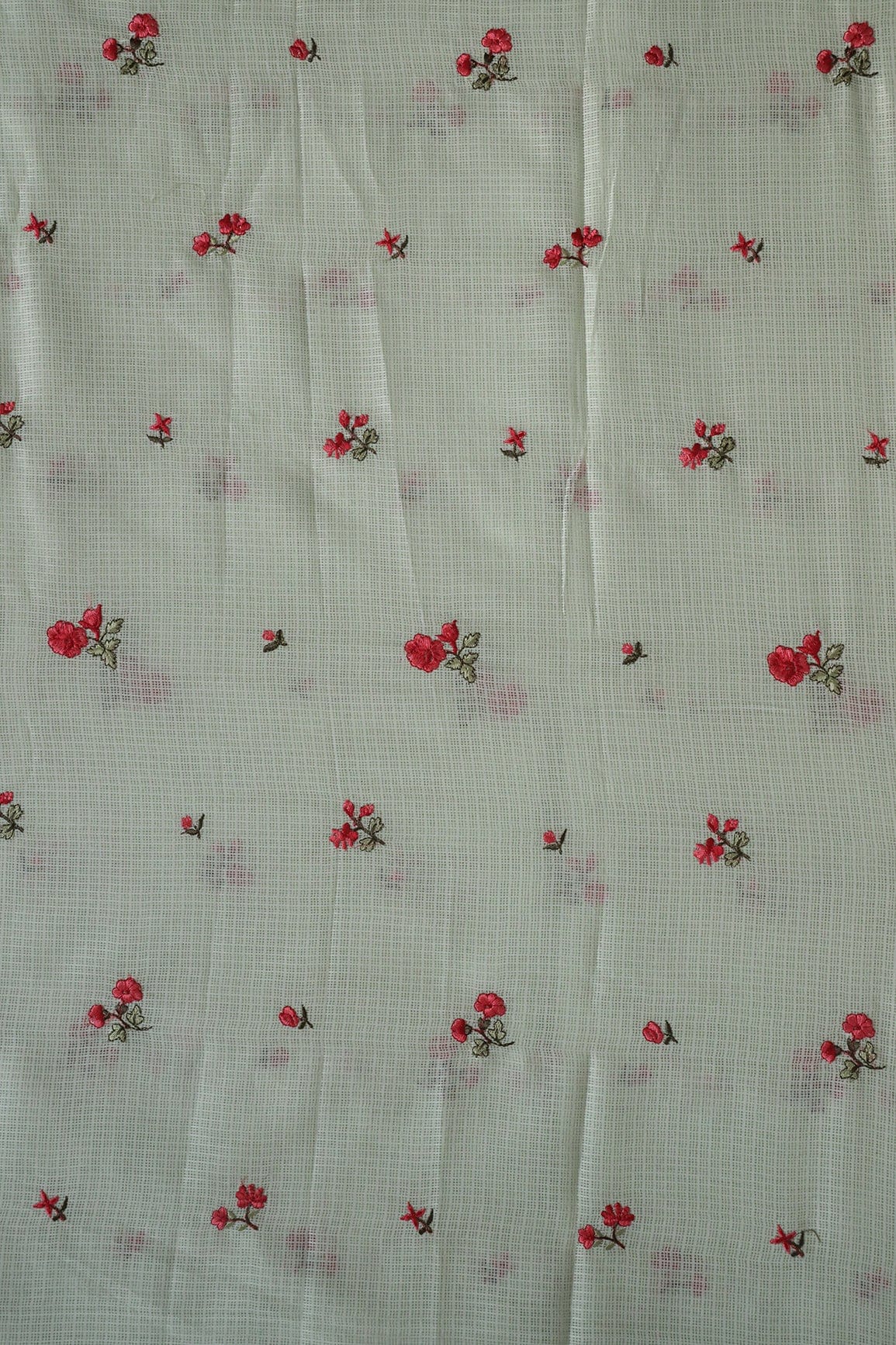 Red And Olive Thread Beautiful Small Floral Booti Embroidery Work On Pastel Olive Kota Doria Net Fabric - doeraa
