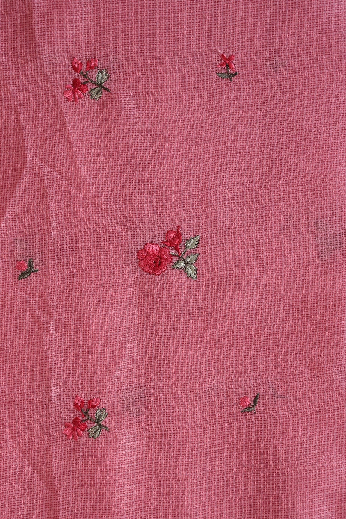 Red And Olive Thread Beautiful Small Floral Booti Embroidery Work On Pink Kota Doria Net Fabric - doeraa