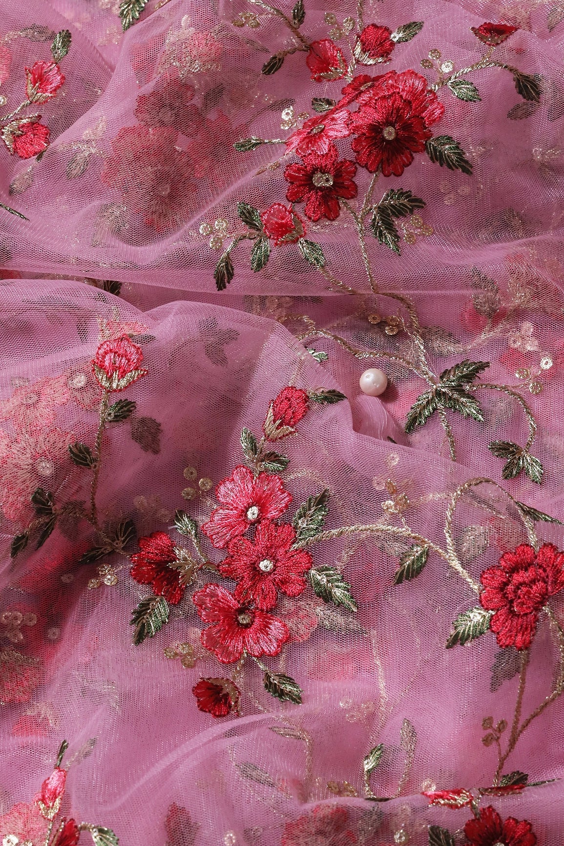 Red And Olive Thread With Gold Zari Beautiful Floral Embroidery On Pink Soft Net Fabric - doeraa