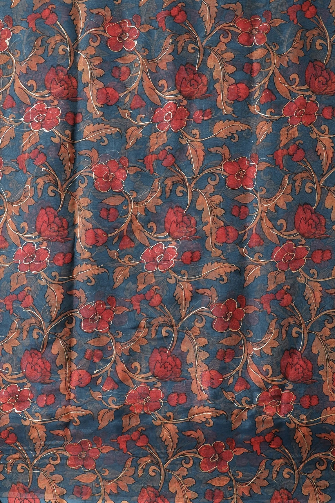 Red And Orange Floral Digital Foil Print On Prussian Blue Organza Fabric - doeraa