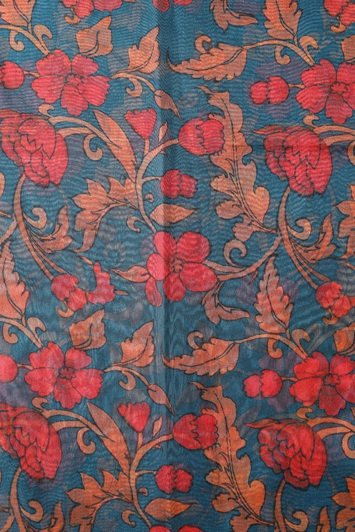 Red And Orange Floral Digital Print On Prussian Blue Organza Fabric - doeraa