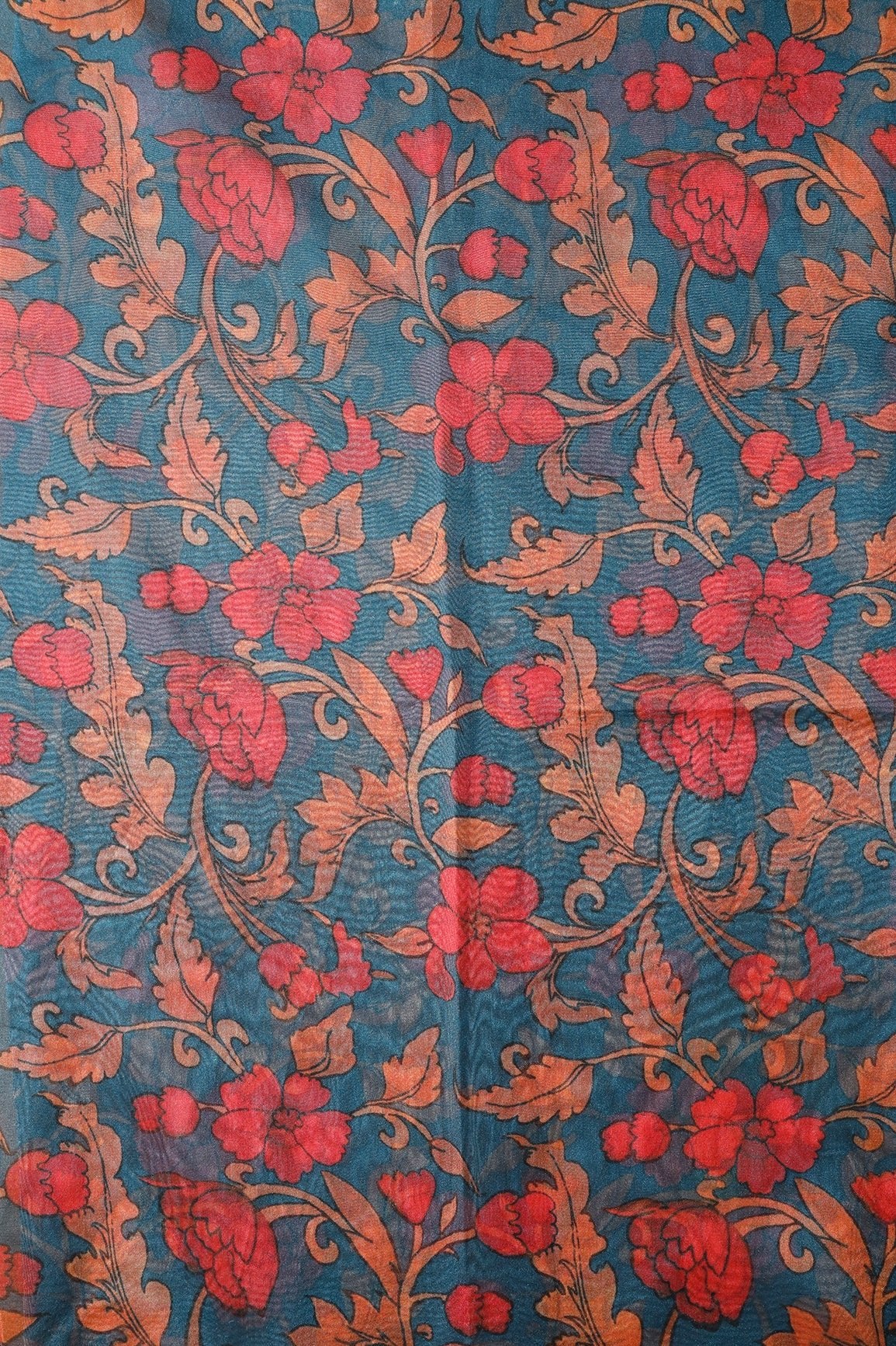 Red And Orange Floral Digital Print On Prussian Blue Organza Fabric - doeraa